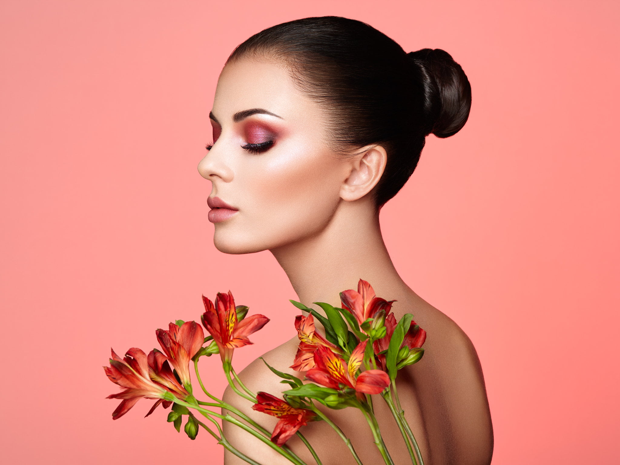 makeup, eyeliner, hairbun, women, dark hair, portrait, glamour, lipstick, eyeshadow, long eyelashes, simple background, flowers, Oleg Gekman, 1080P, closed, HD Wallpaper