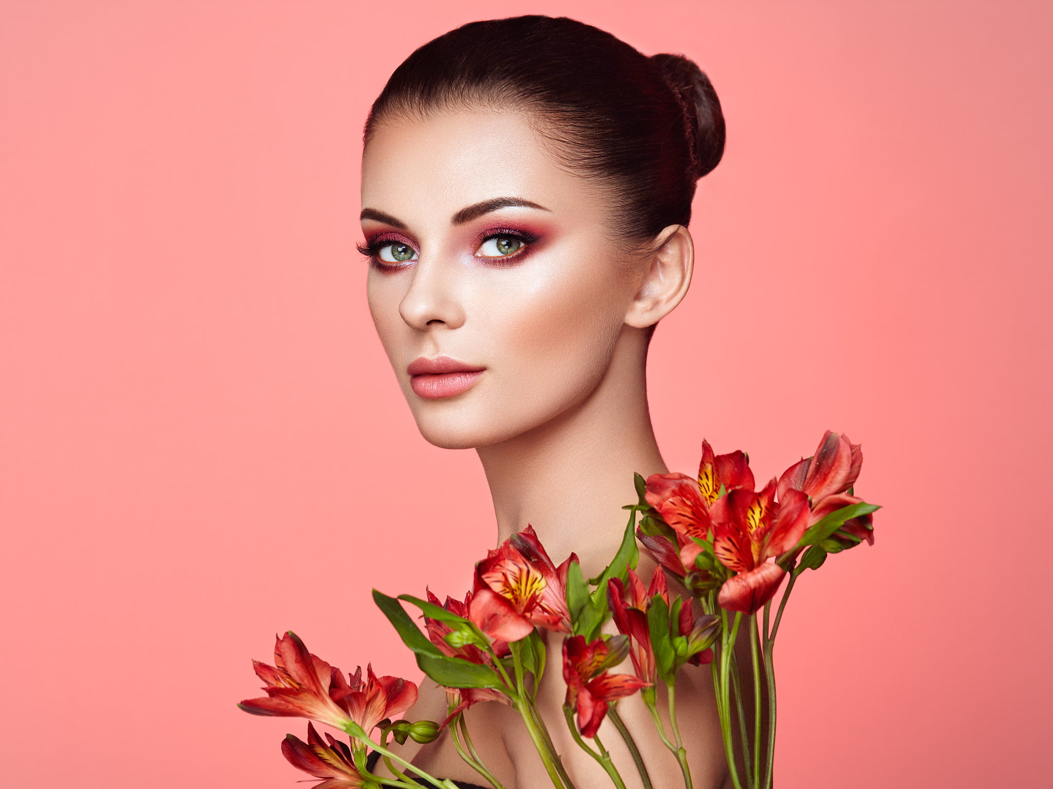 flowers, make up, looking at viewer, lipstick, 1080P, pink background, simple background, dark hair, portrait, women, hairbun, Oleg Gekman, green eyes, HD Wallpaper