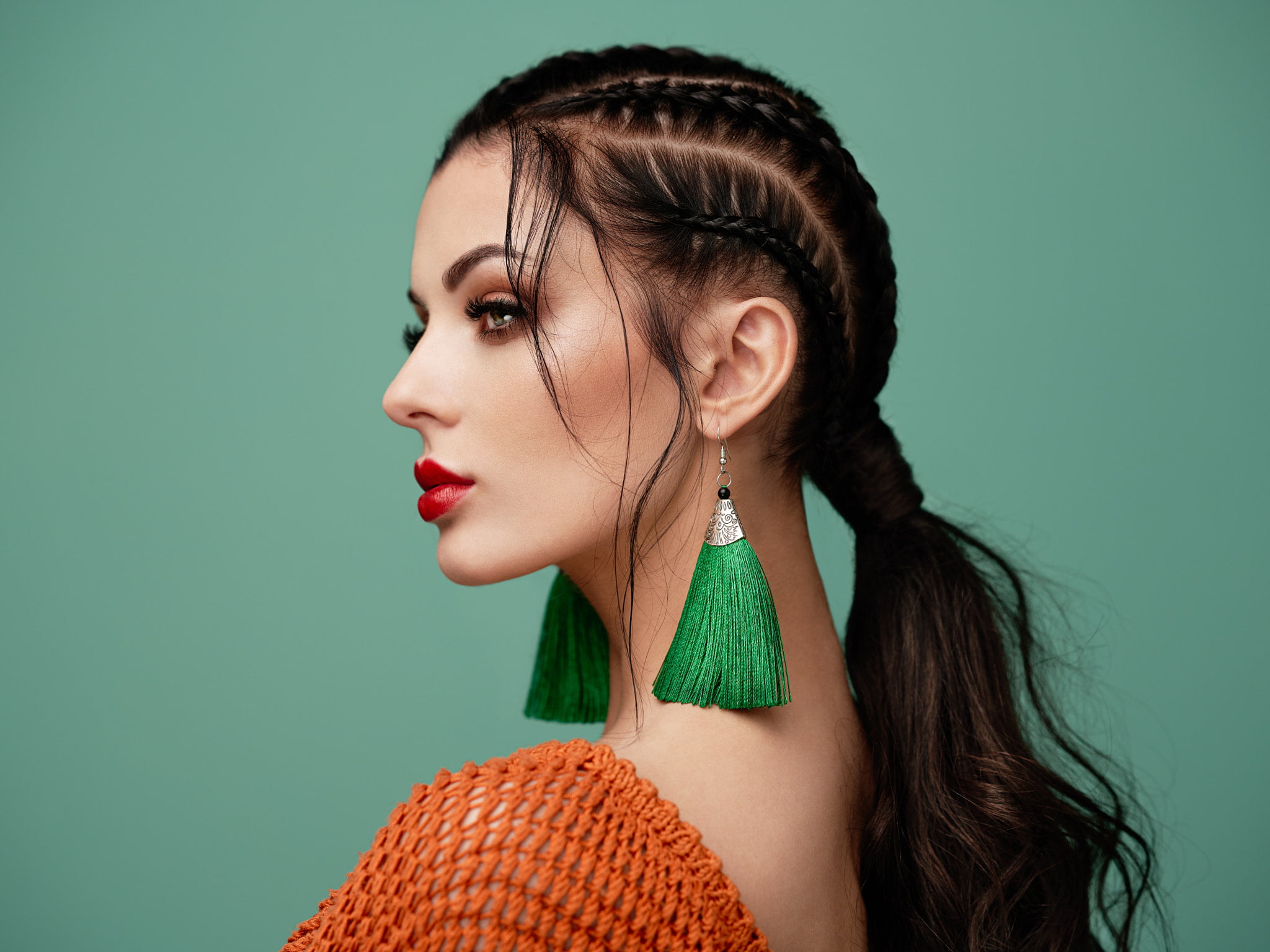 1080P, Oleg Gekman, braids, simple background, looking away, brunette, earring, women, makeup, red lipstick, glamour, mesh clothing, long hair, HD Wallpaper