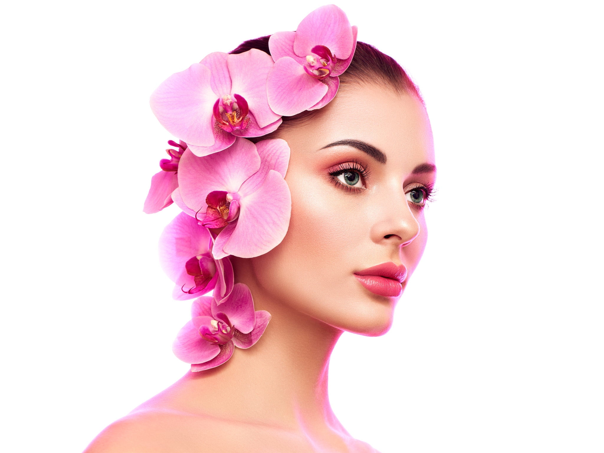 bright, women, lipstick, white background, pink lipstick, eyeshadow, pink, flower in hair, looking away, Oleg Gekman, flowers, eyeliner, brunette, glamour, HD Wallpaper
