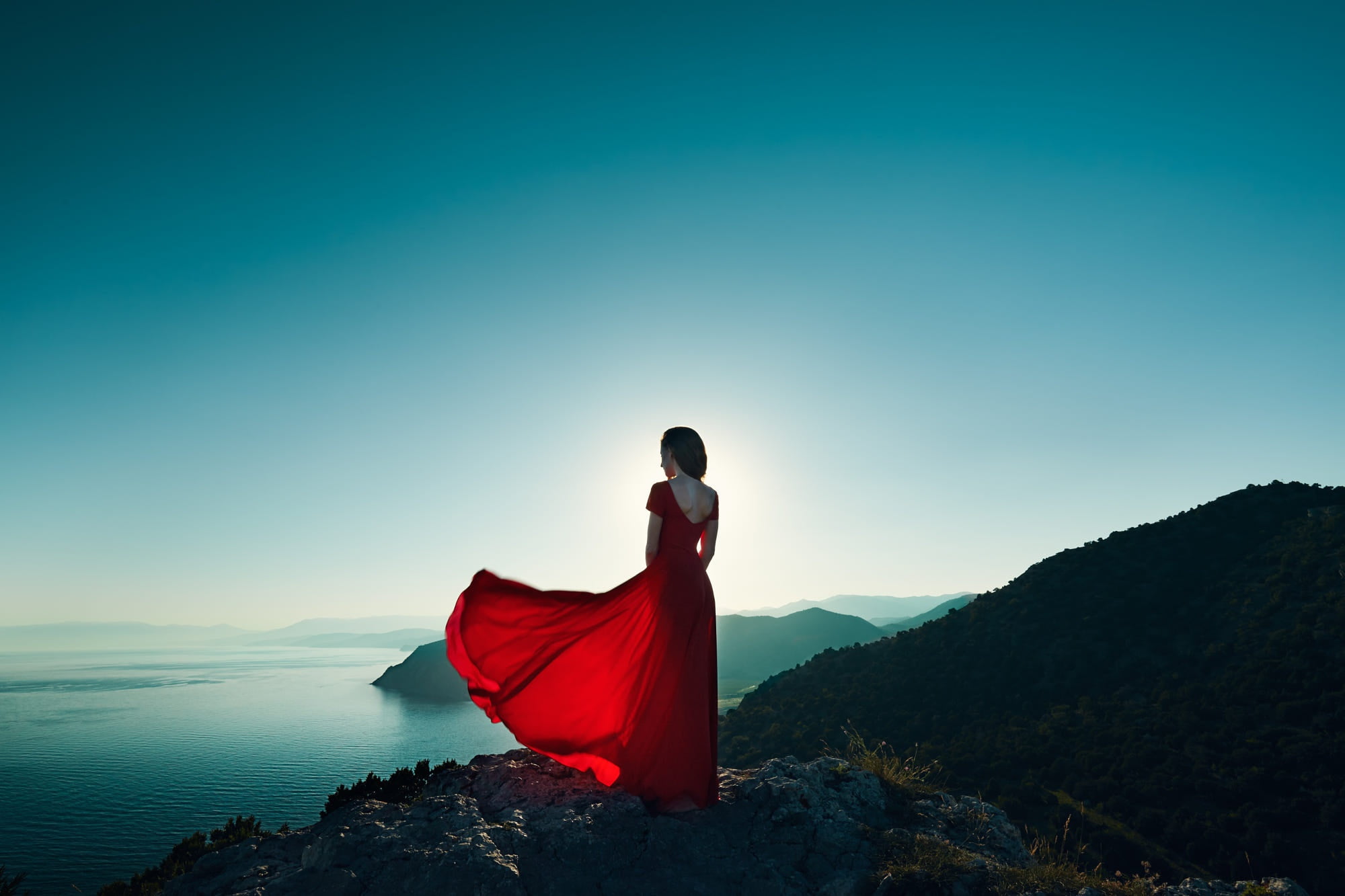 girl, back, dress, Oleg Gekman, 1080P, the wind, lake, HD Wallpaper