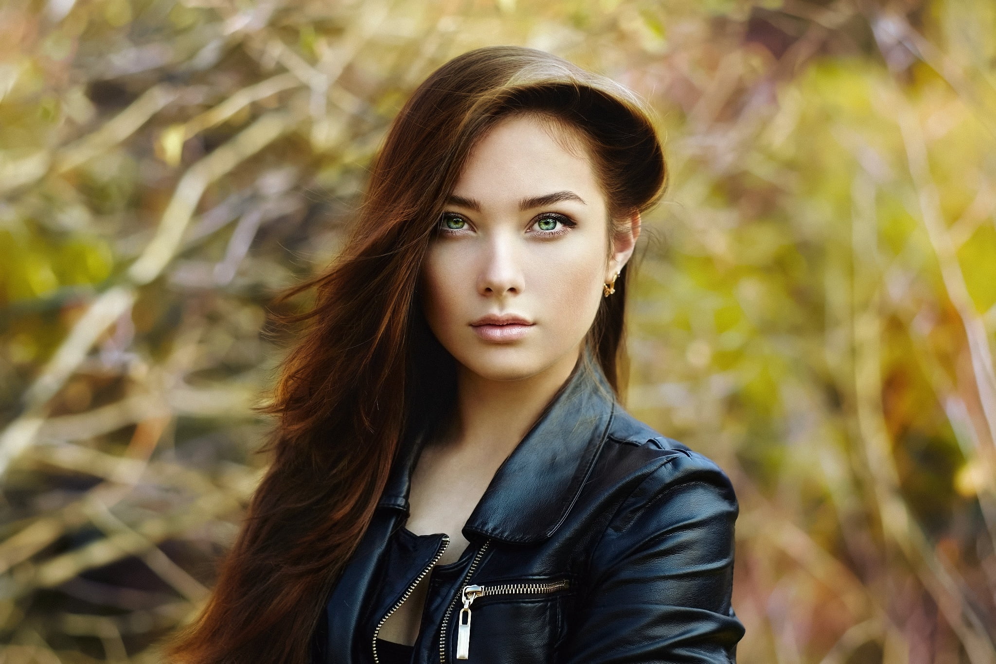 kozhanka, Sasha, Oleg Gekman, look, 1080P, jacket, eyes, Alexander Brocca, girl, bokeh, leather jackets, spring, HD Wallpaper