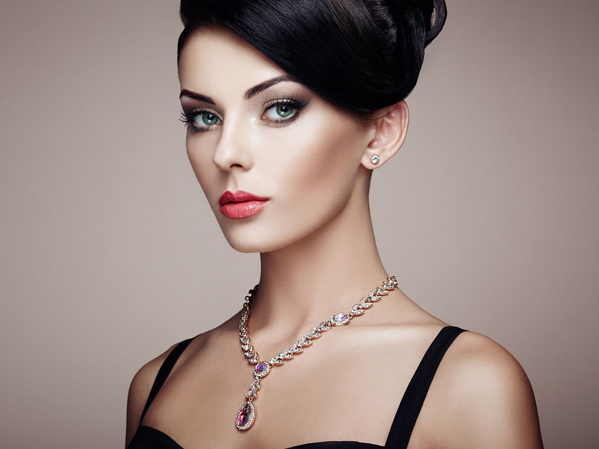 black clothing, lipstick, necklace, make up, dark hair, glamour, red lipstick, 1080P, hairbun, Oleg Gekman, green eyes, earring, women, fashion, simple background, HD Wallpaper