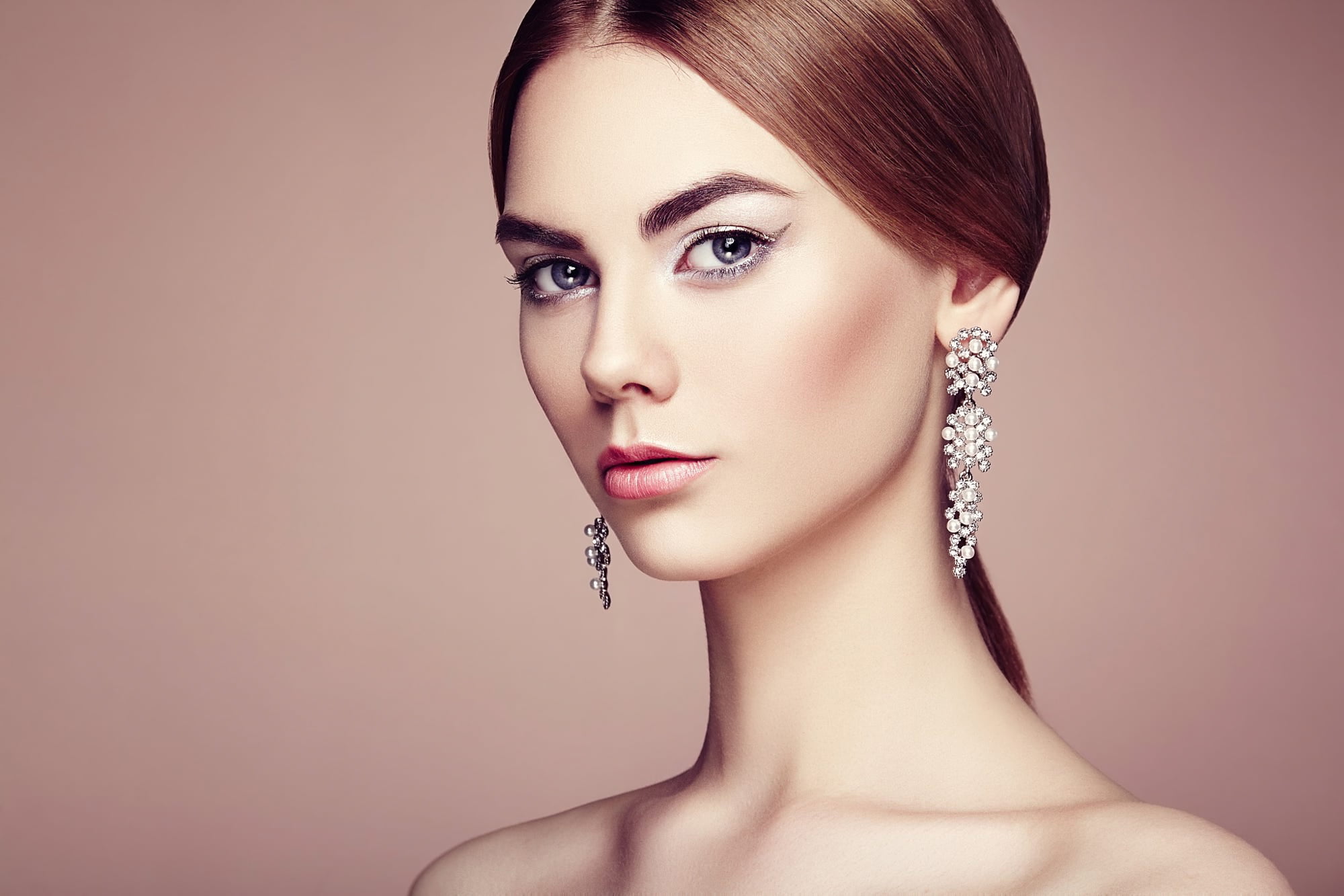 Oleg Gekman, bare shoulders, earring, makeup, 1080P, ponytail, brunette, long hair, blush, portrait, jewelry, simple background, lipstick, women, eyeliner, HD Wallpaper