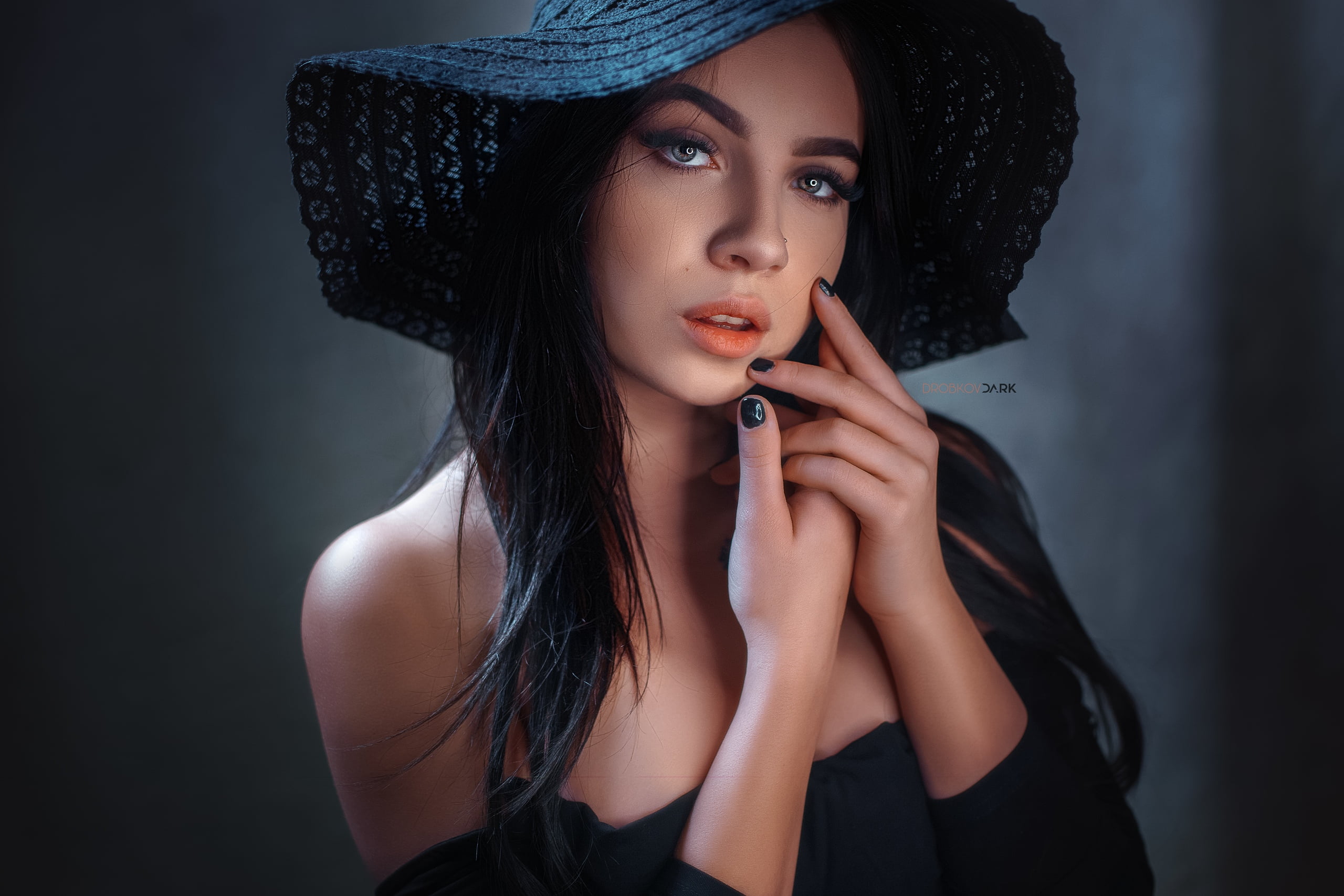 women indoors, looking at viewer, 2K, black dress, bare shoulders, hat, Alexander Drobkov, dress, women with hats, open mouth, black nails, indoors, portrait, HD Wallpaper