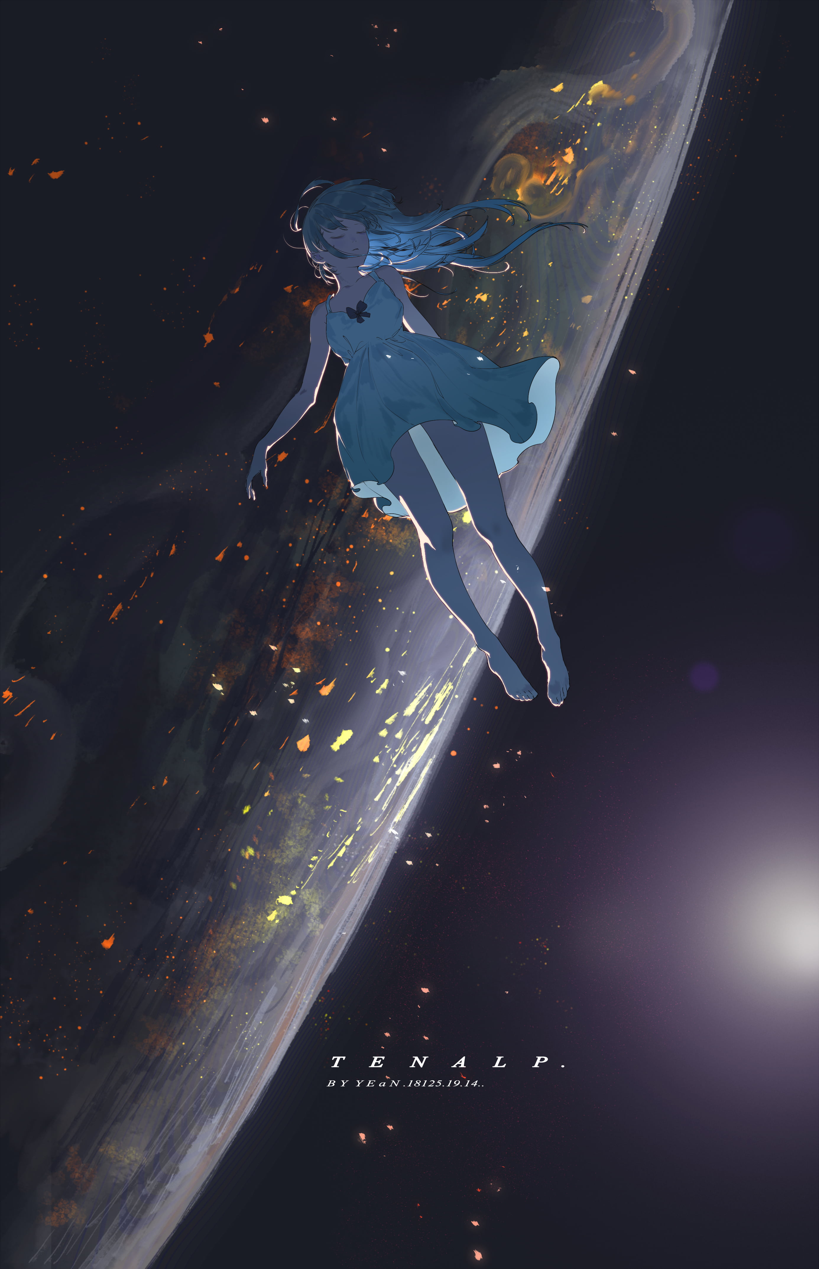 anime, floating, anime girls, 4K, space, planet, sleeping, closed eyes, Phone HD Wallpaper