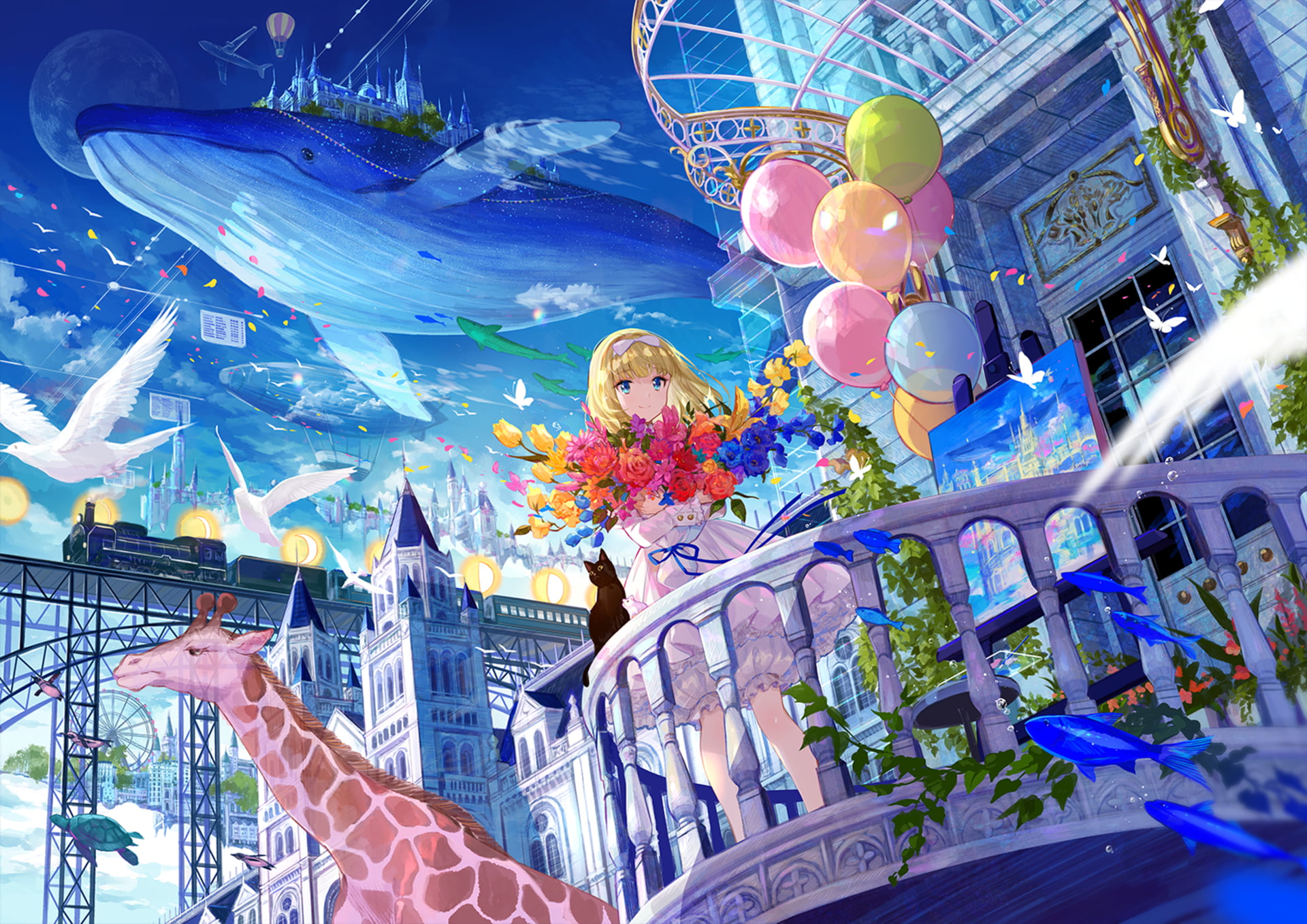 Airplane, Ferris Wheel, Fantasy, Fish, Original, Turtle, Balloon, Penguin, Railroad, Train, Girl, Building, Whale, Anime, Hot Air Balloon, Bird, Animal, HD Wallpaper