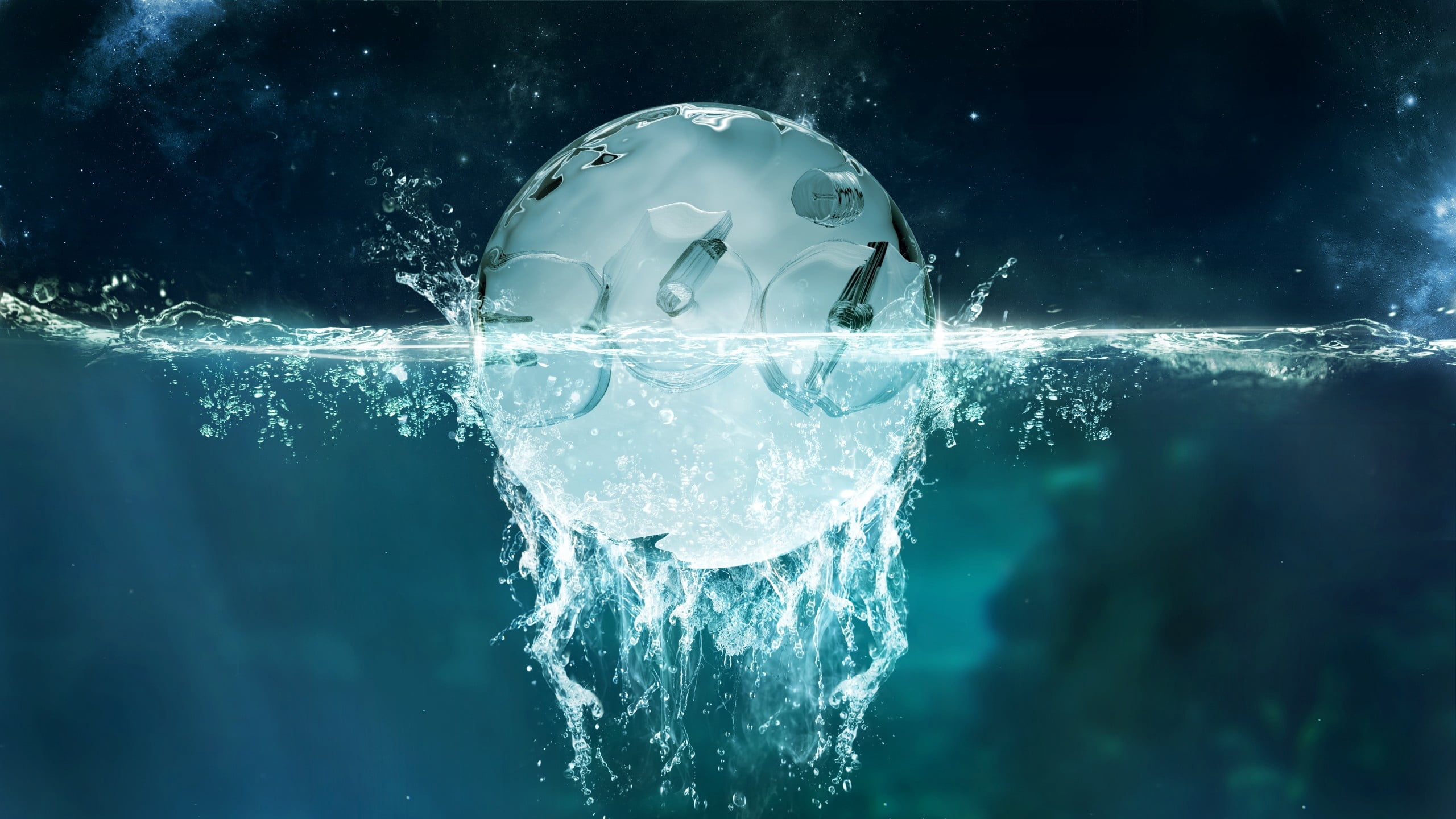 ideas, ice, underwater, floating on water, blue, nature, close-up, background, liquid, ball, sphere, water, outdoors, no people, breaking, planet - Space, HD Wallpaper