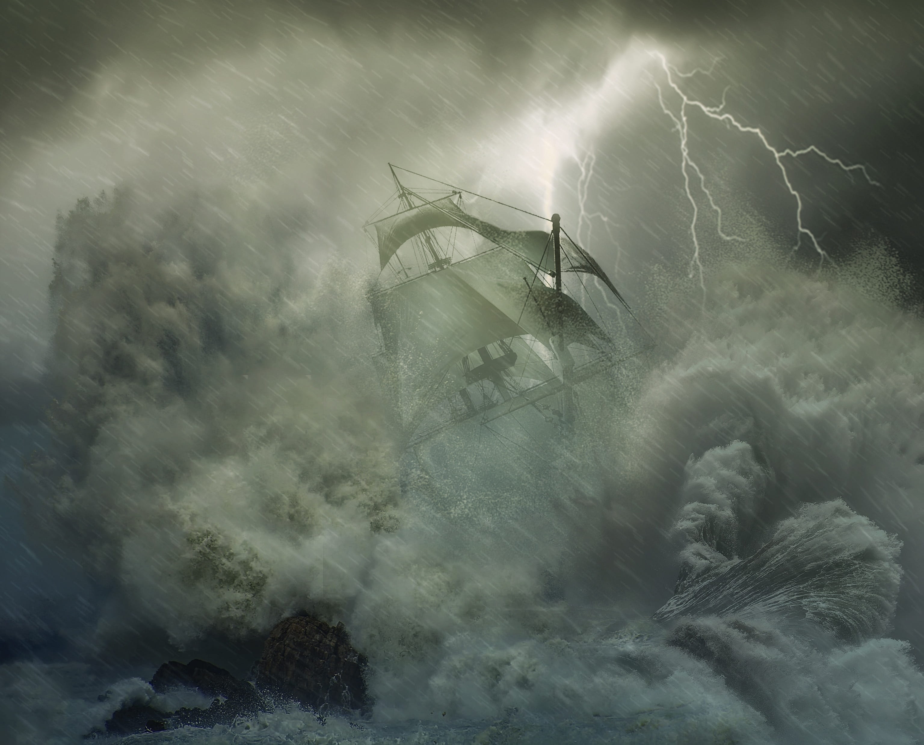 lightning, mode of transportation, extreme weather, warning sign, sea, no people, cloud - sky, sign, fantasy, motion, day, photoshop, transportation, sailboat, HD Wallpaper