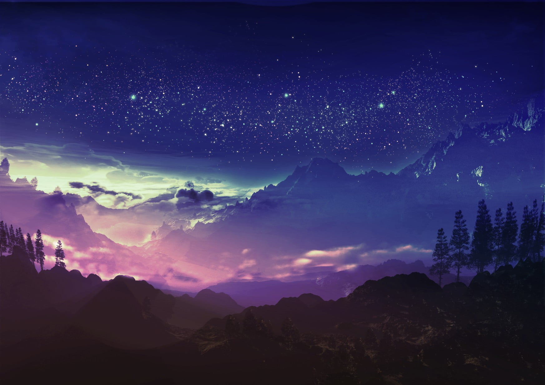 cloud - sky, idyllic, tranquil scene, landscape, stars, mountain, blue, astronomy, silhouette, mountain range, night, 720P, trees, no people, tranquility, HD Wallpaper