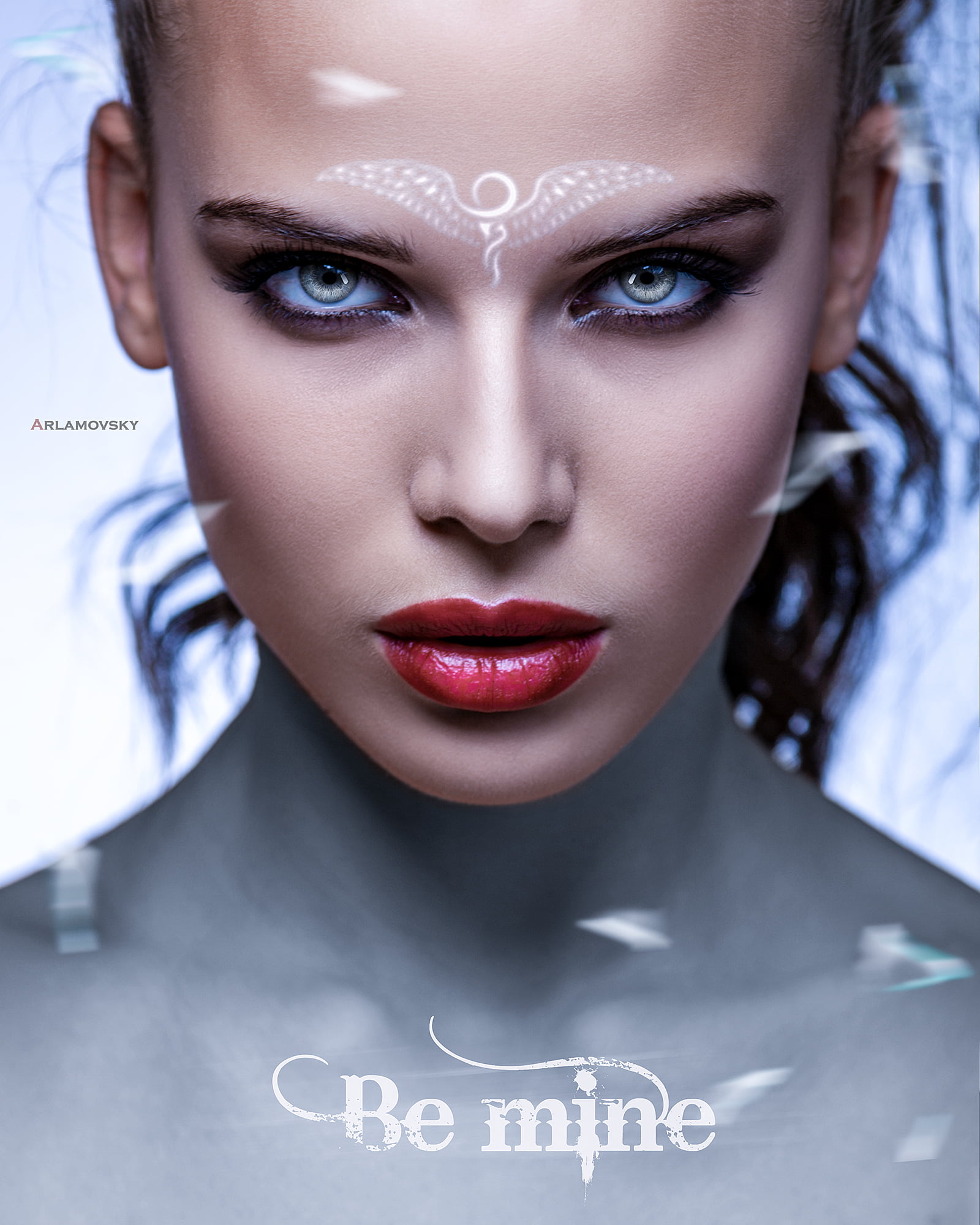 Photoshop, arlamovsky, portrait, women, retouching, photography, eyes, art installation, glass, face, women indoors, sight, red lipstick, poster, white background, Phone HD Wallpaper
