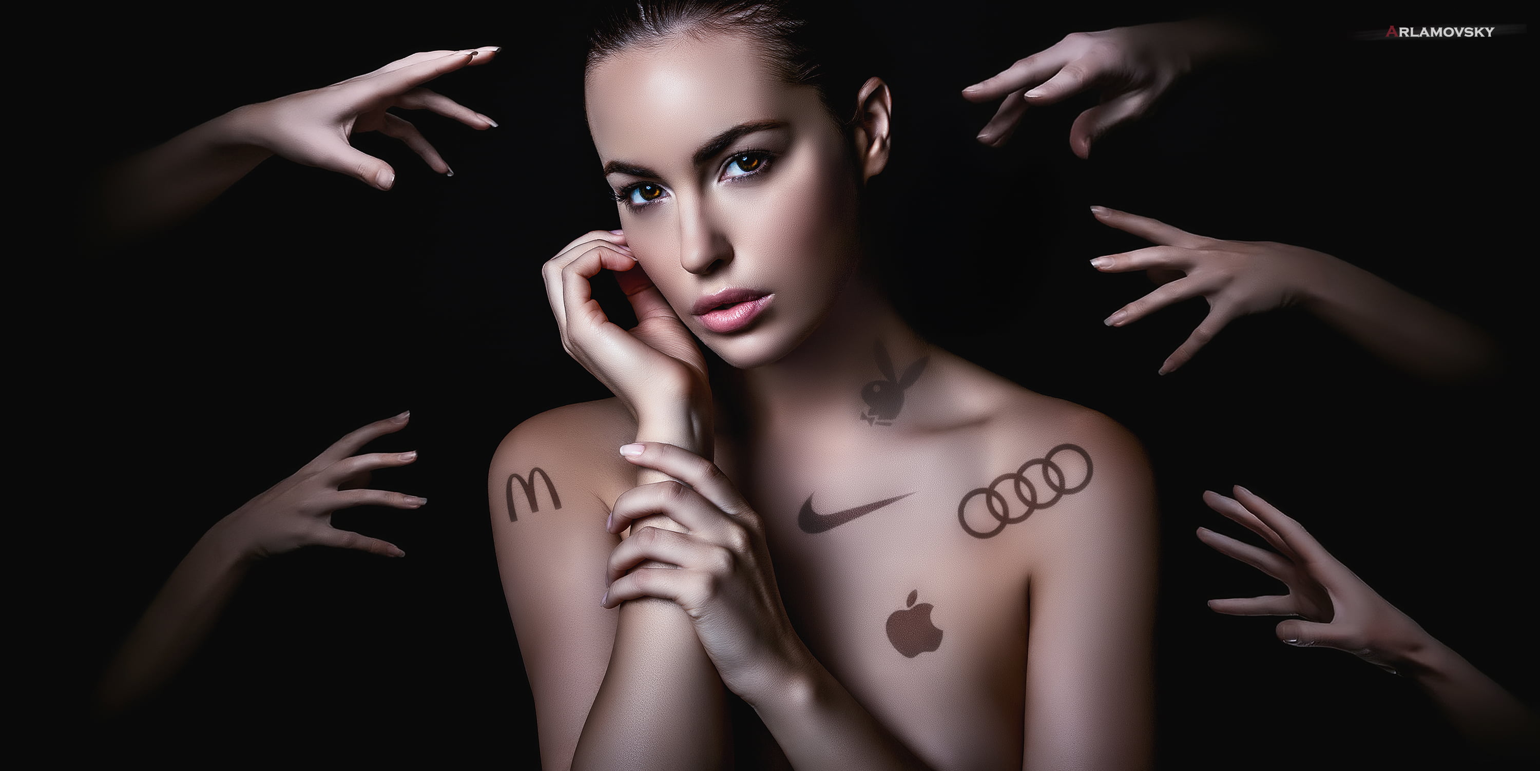 dark background, portrait, photography, hands, retouching, idea for photo, Photoshop, 2K, logo, celebrity, face, arlamovsky, HD Wallpaper