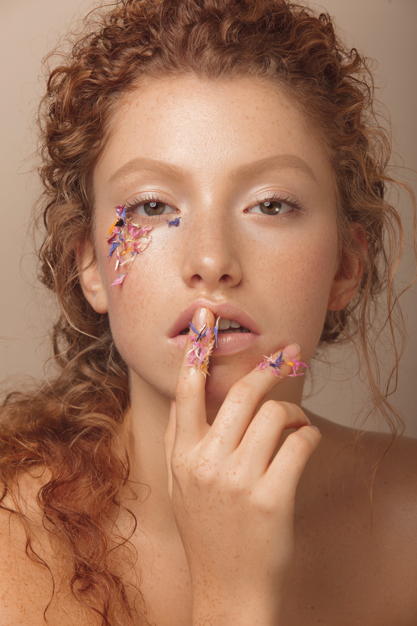 portrait, redhead, 1080P, curly hair, women, women indoors, long hair, retouching, finger on lips, face, blossoms, model, freckles, Phone HD Wallpaper
