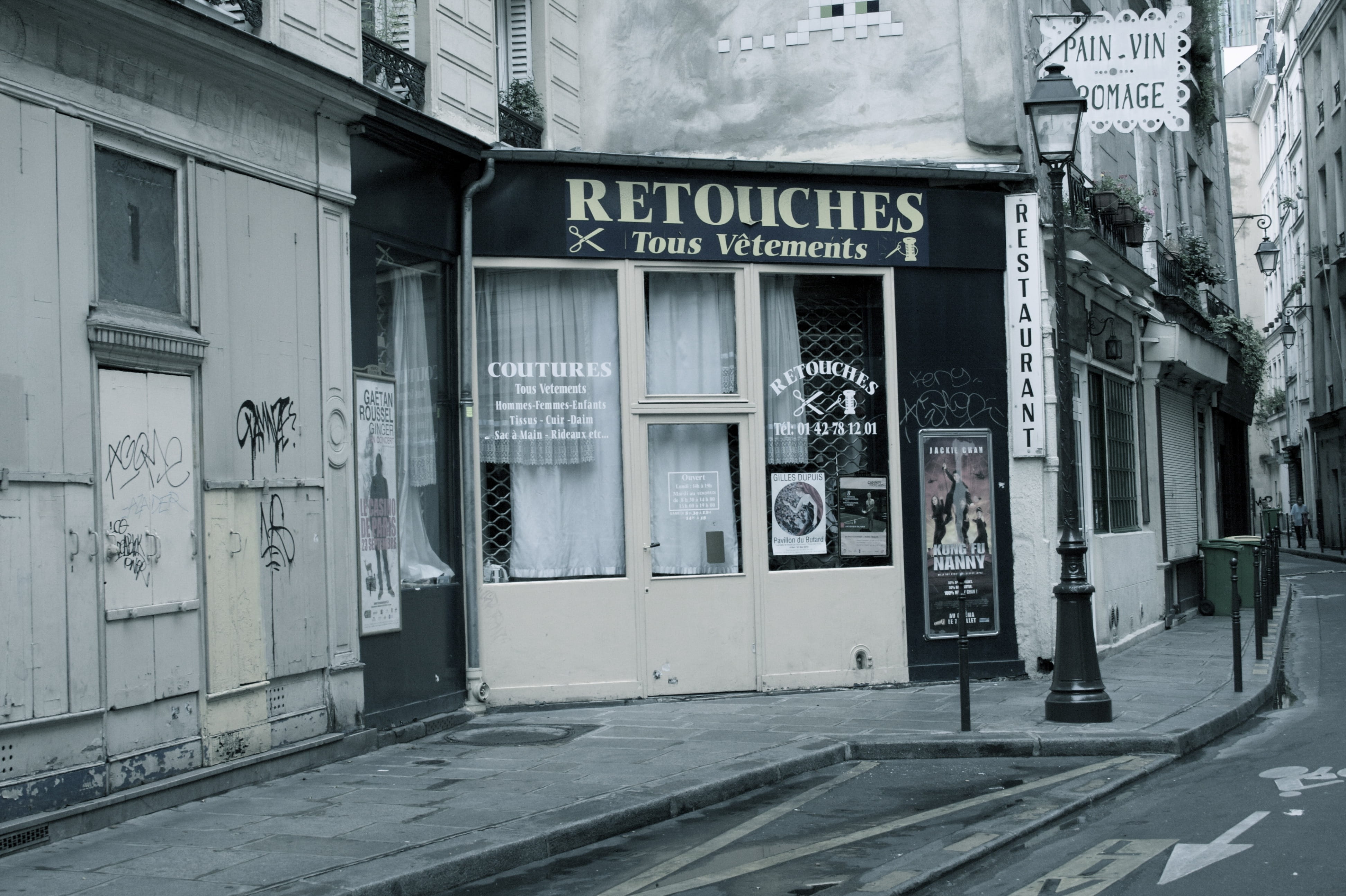 no people, street, duringdaytime, retouches, day, architecture, old business, shopping, sidewalk, built structure, western script, building, sign, store, HD Wallpaper