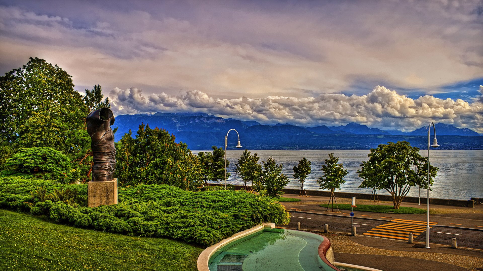 mountains, Cityscape, Retouching, 1080P, Trees, clouds, sea, HD Wallpaper