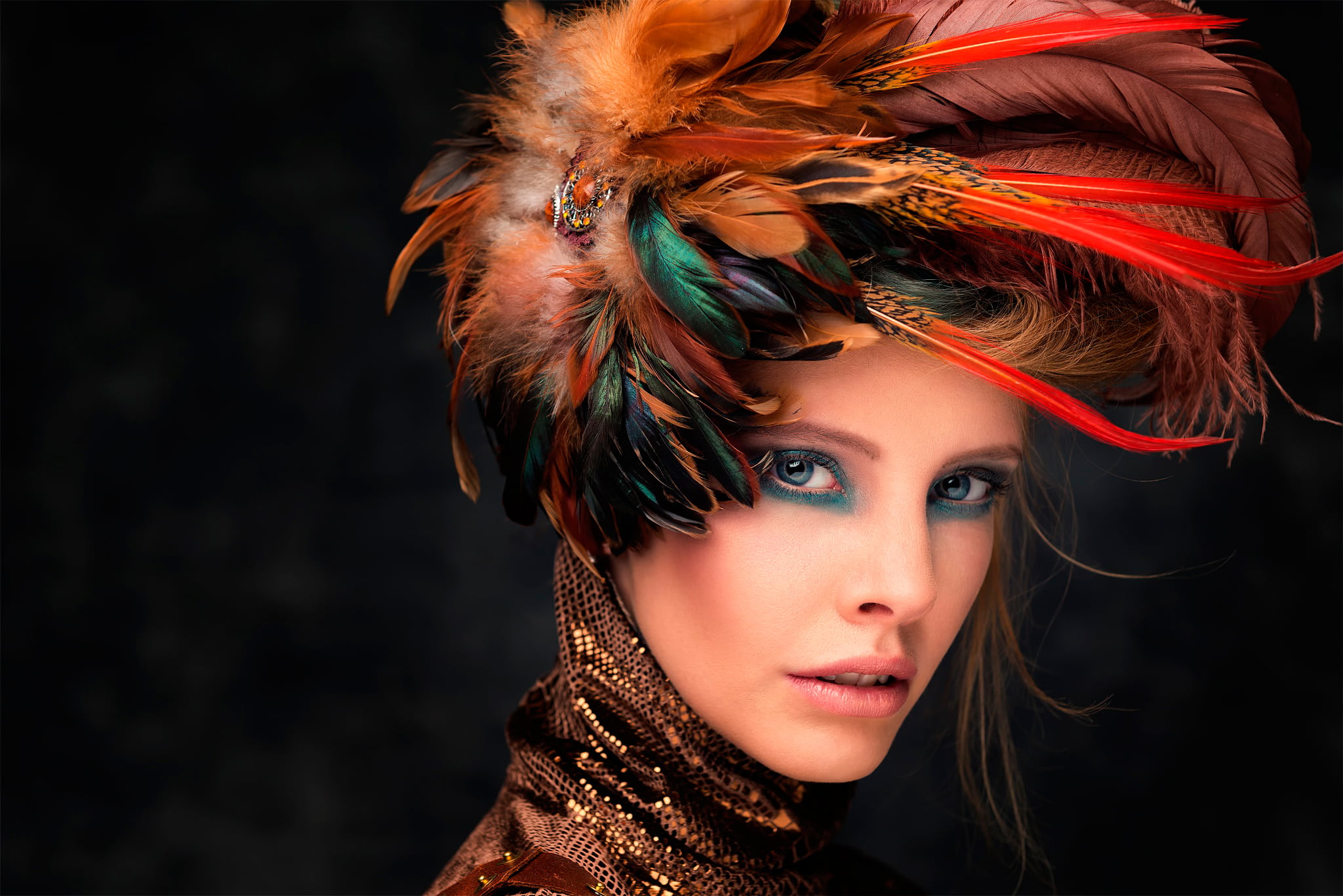 hairstyle, orange, fashion, retouching, feathers, hair, make-up, young adult, red, black background, dyed hair, multi colored, beautiful people, s, women, HD Wallpaper