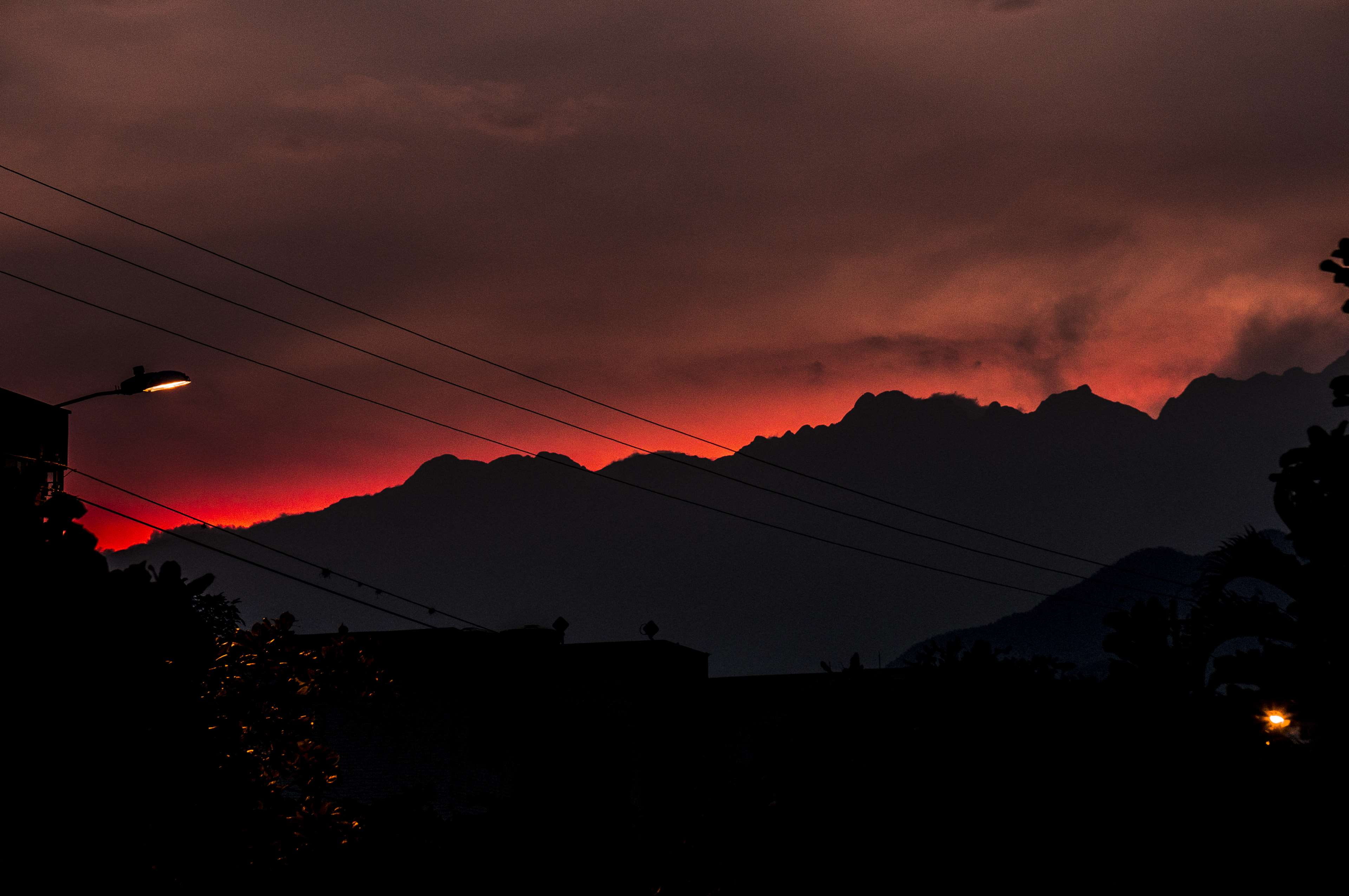 dramatic sky, electricity, red mountains retouched silhouettes calico, beauty in nature, power supply, connection, mountain, tranquility, dusk, architecture, HD Wallpaper