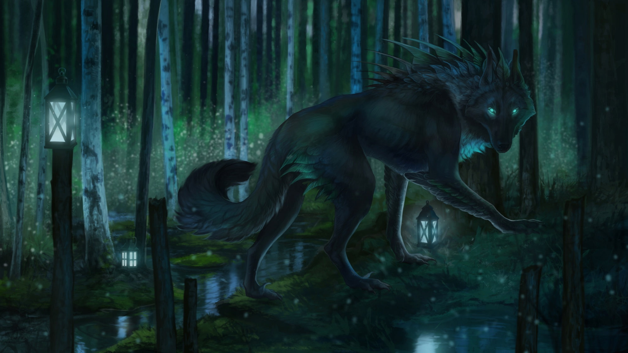 forest, wolf, retouching, 1080P, nature, lantern, by Aivoree, night, HD Wallpaper
