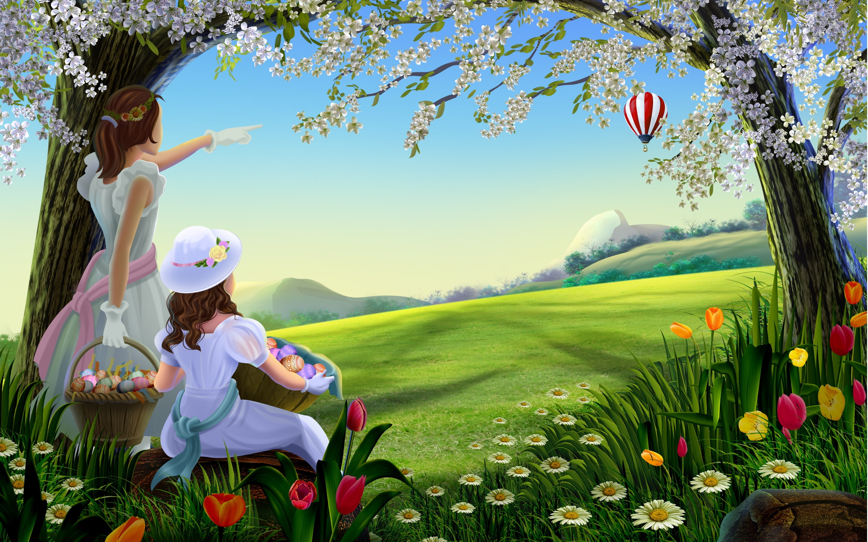 spring, balloon, blue sky, tulips, amazing, landscape, 2K, painting, HD Wallpaper