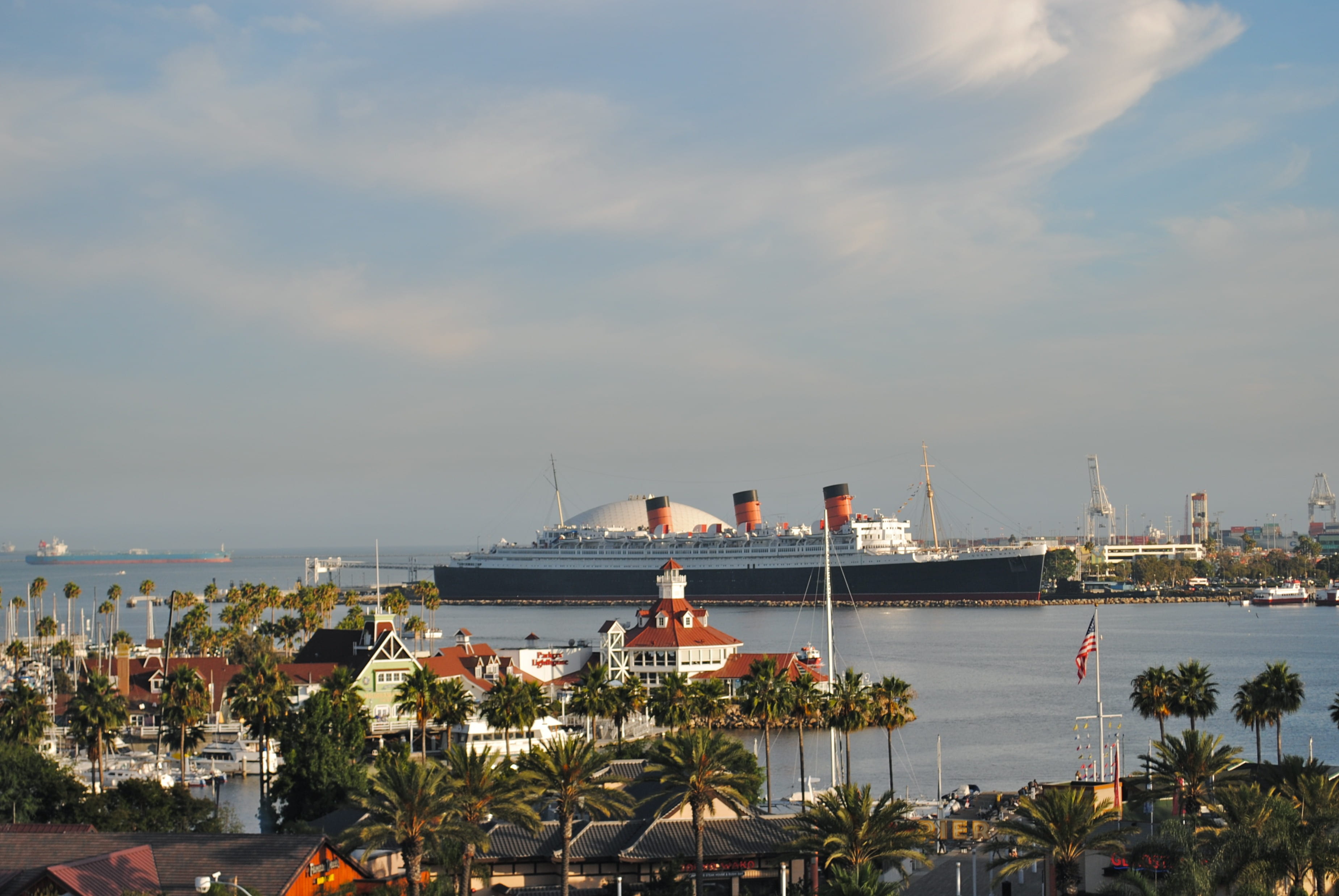 nature, ocean liner, harbor, water, long beach, cityscape, black, cloud - sky, city, mode of transportation, antique, outdoors, california, queen mary 2, HD Wallpaper