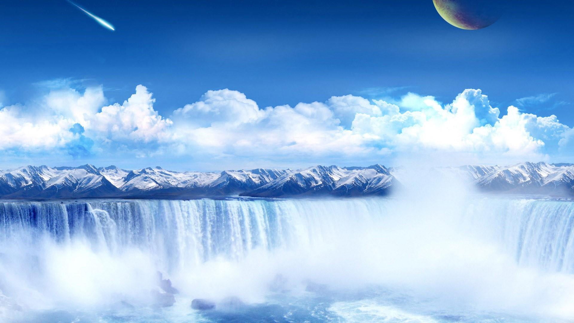 cloud - sky, scenics - nature, tranquil scene, clouds, fanatasy art, landscape, motion, nature, outdoors, blue, environment, beauty in nature, waterfall, HD Wallpaper
