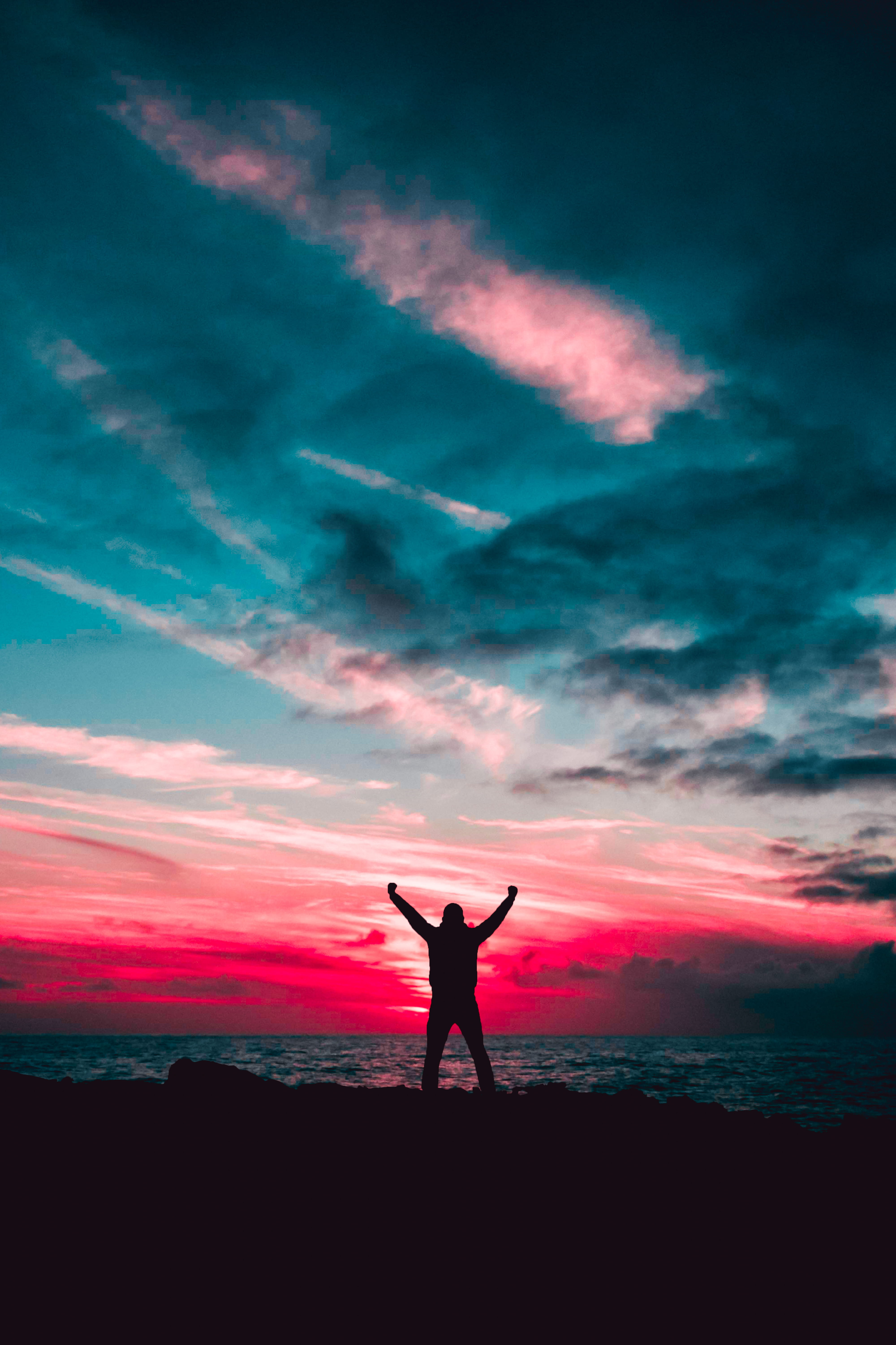 posing, silhouette, evening, horizon over water, freedom, tranquil scene, lifestyles, ocean, land, person, light, limb, positive emotion, hands, sunset, Phone HD Wallpaper