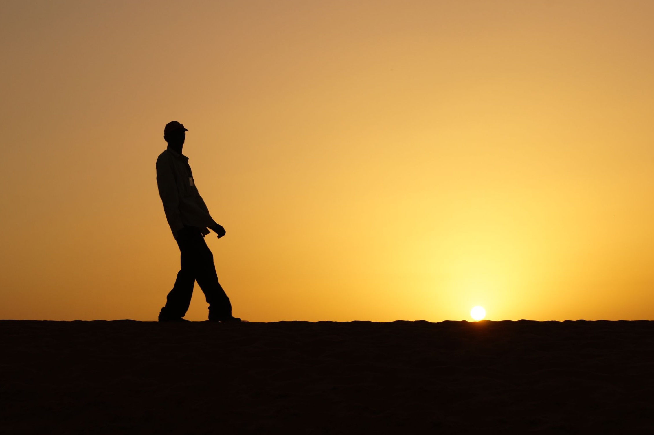 silhouette, shadow, standing, real people, beauty in nature, copy space, sun, dune, sky, land, color, twilight, full length, orange color, clear sky, leisure activity, HD Wallpaper