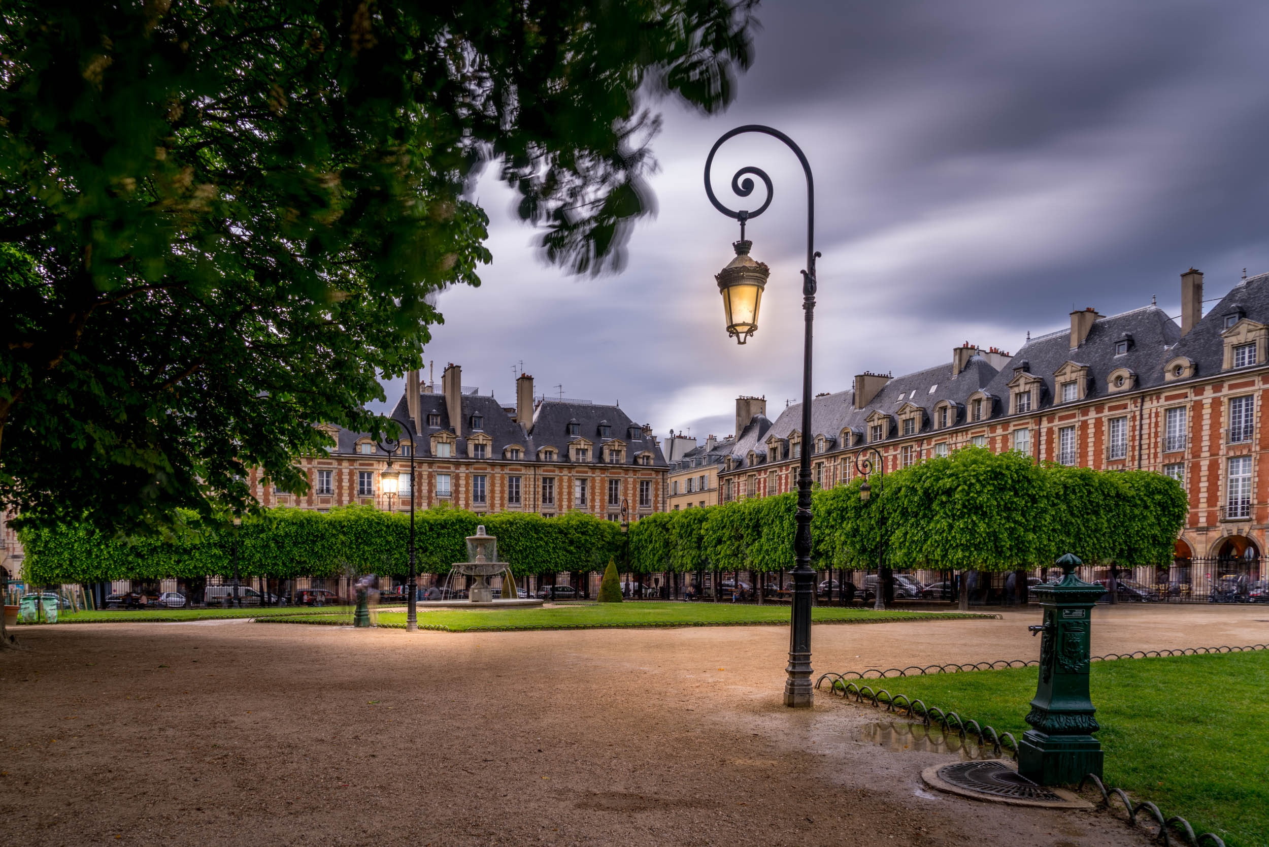 France, lantern, area, Paris, building, 1080P, Place Des Vosges, fountain, HD Wallpaper