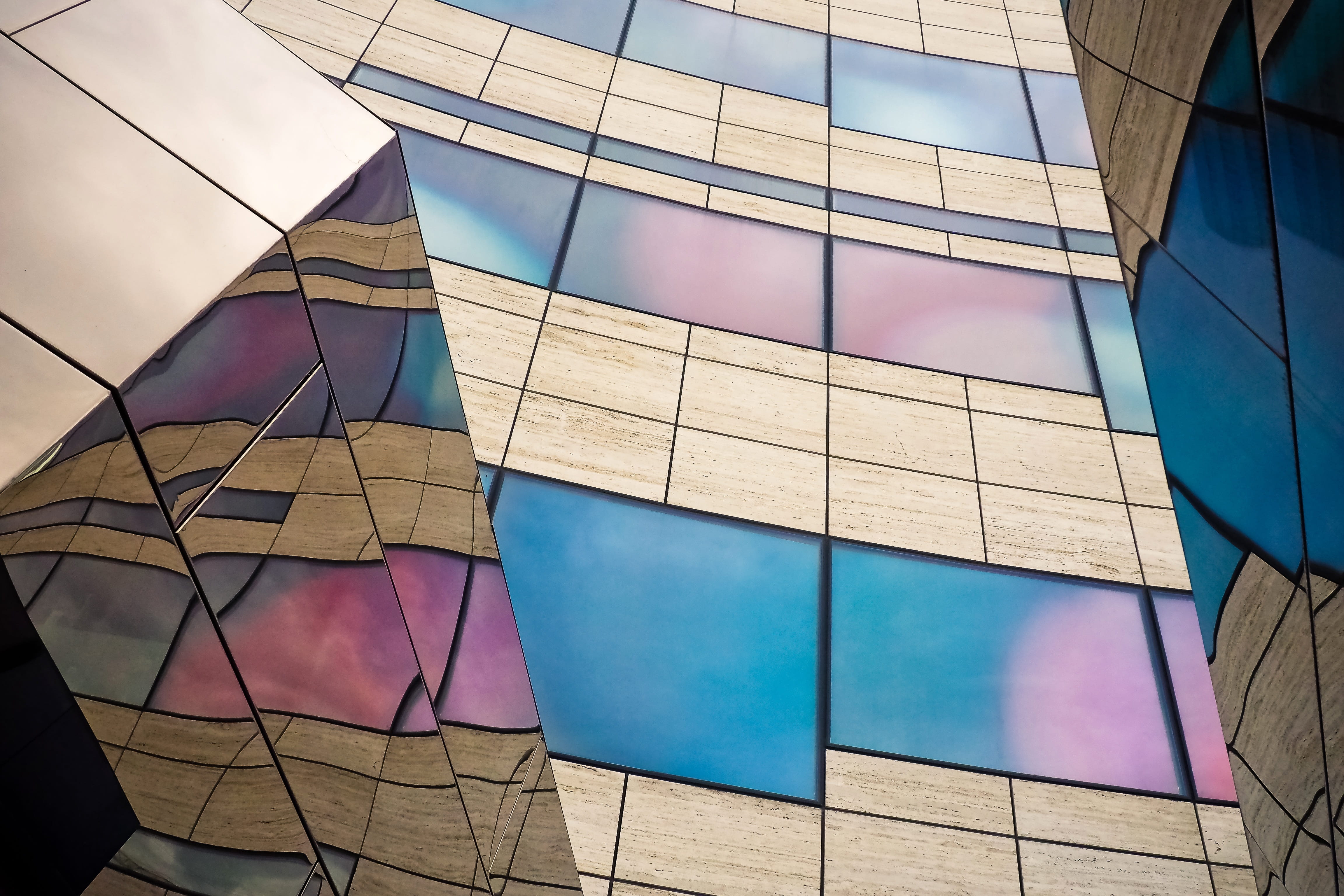 glass facades, kö bow, facade, nature, sky, no people, building, window, 4K, view, düsseldorf, multi colored, building exterior, pattern, modern, perspective, HD Wallpaper