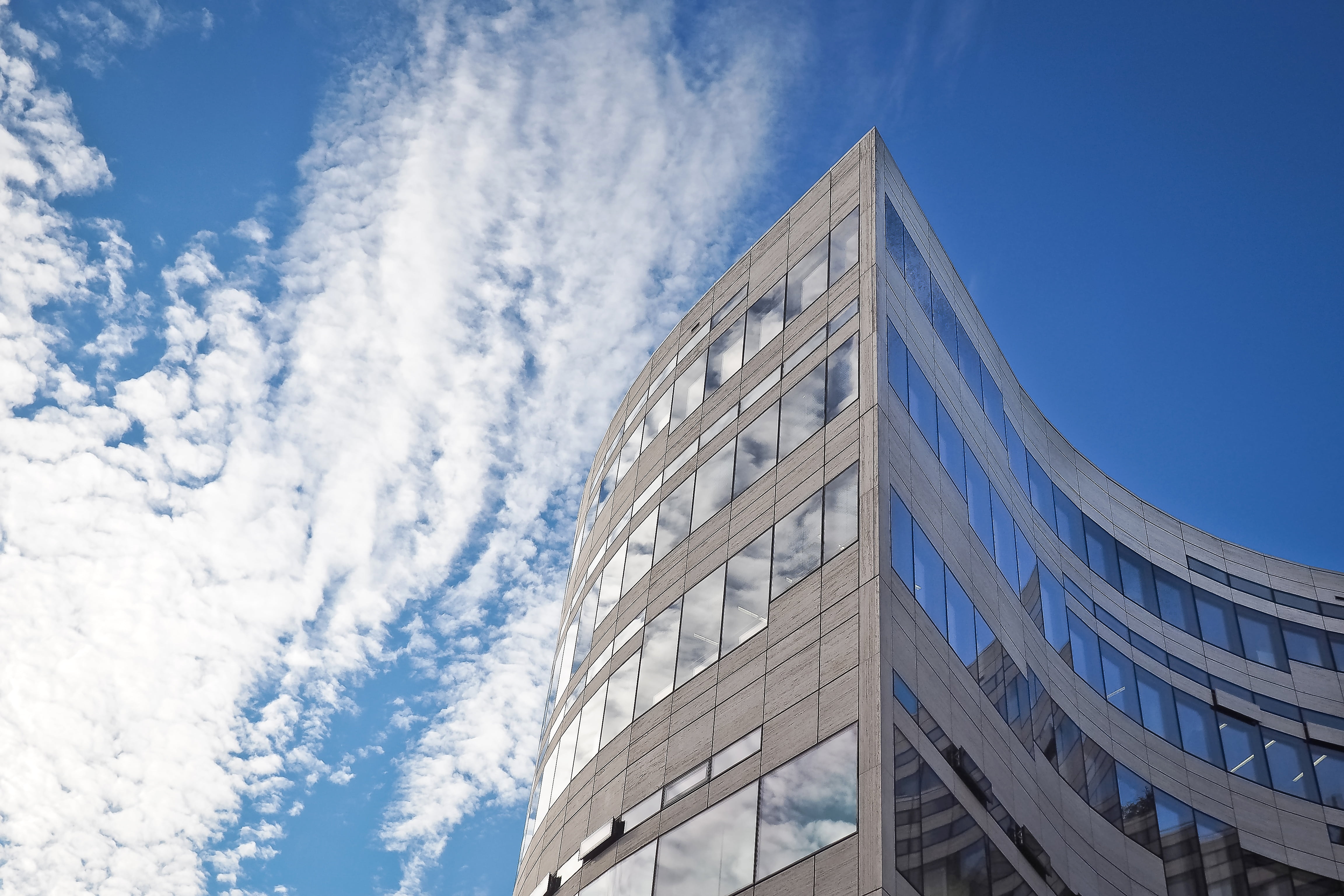 office building, abstract, business, structure, day, office building exterior, low angle view, outdoors, clouds, cloud - sky, reflection, building exterior, HD Wallpaper