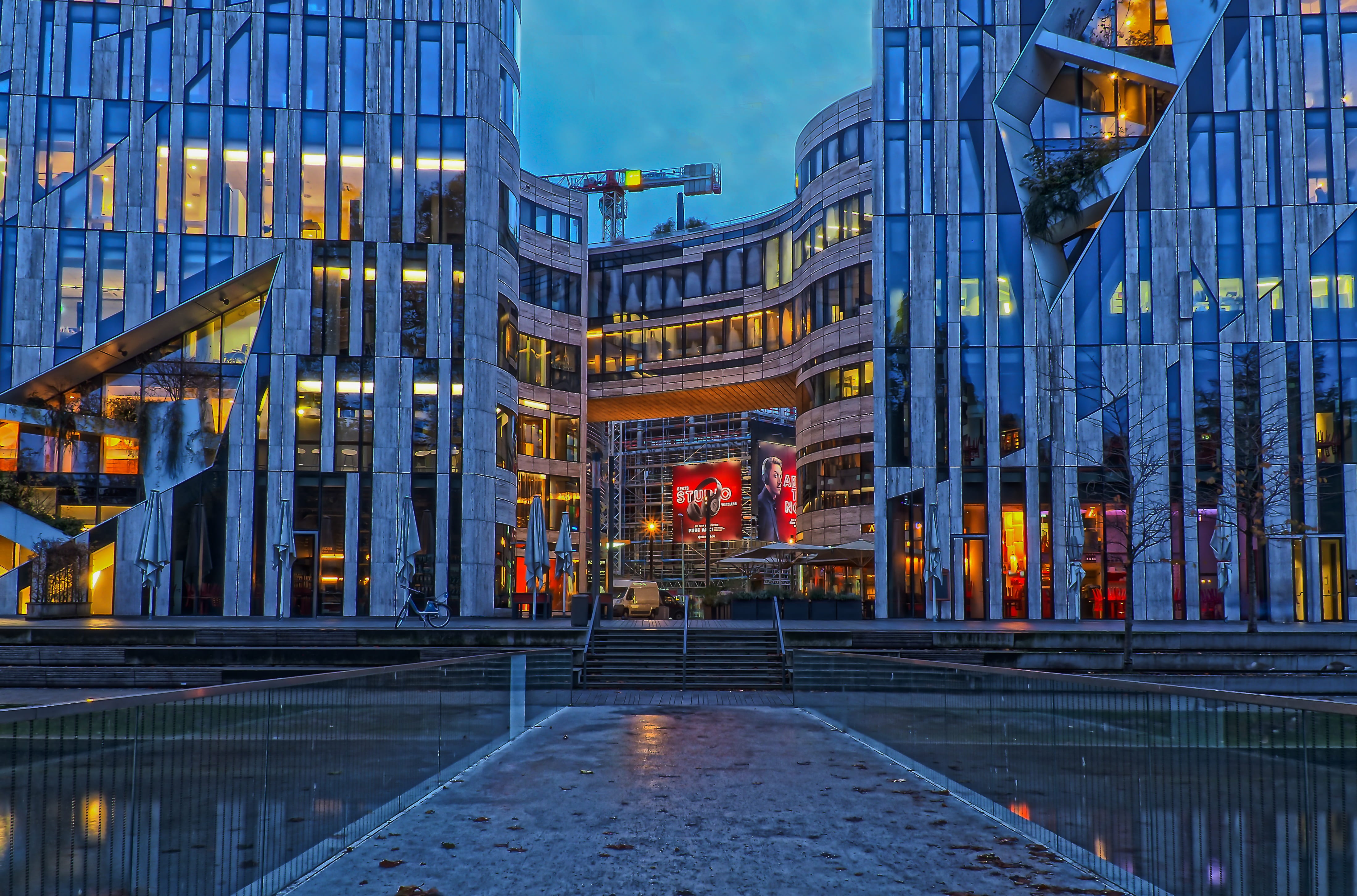 outdoors, glass, architecture, window, abstract, light, work, illuminated, crane, lighting, belief, arch, skyscraper, blue, site, passage, building exterior, HD Wallpaper