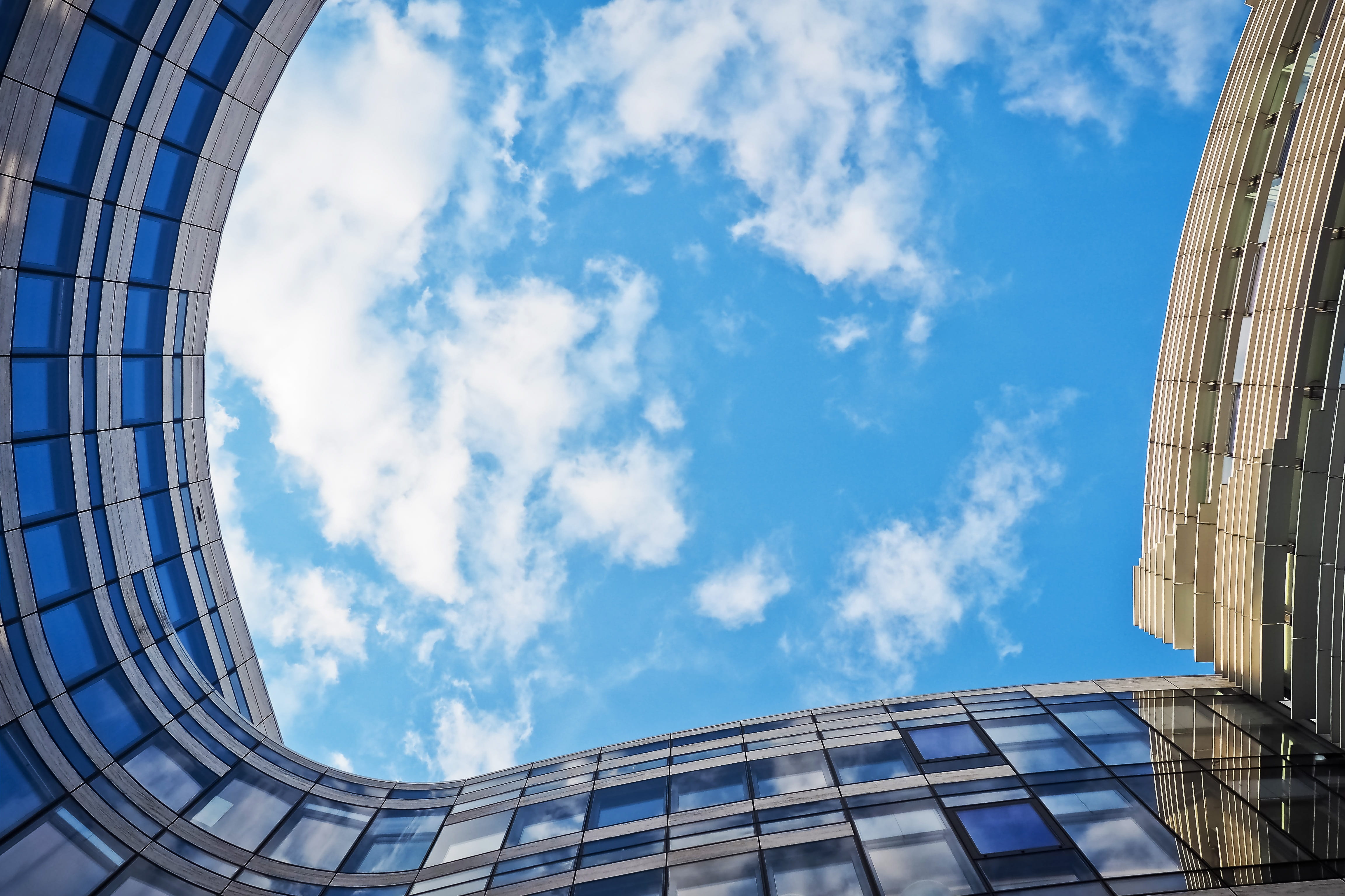 structure, urban landscape, low angle shot, brown, expression, glass - material, modern architecture, directly below, circle, urban, office building exterior, HD Wallpaper