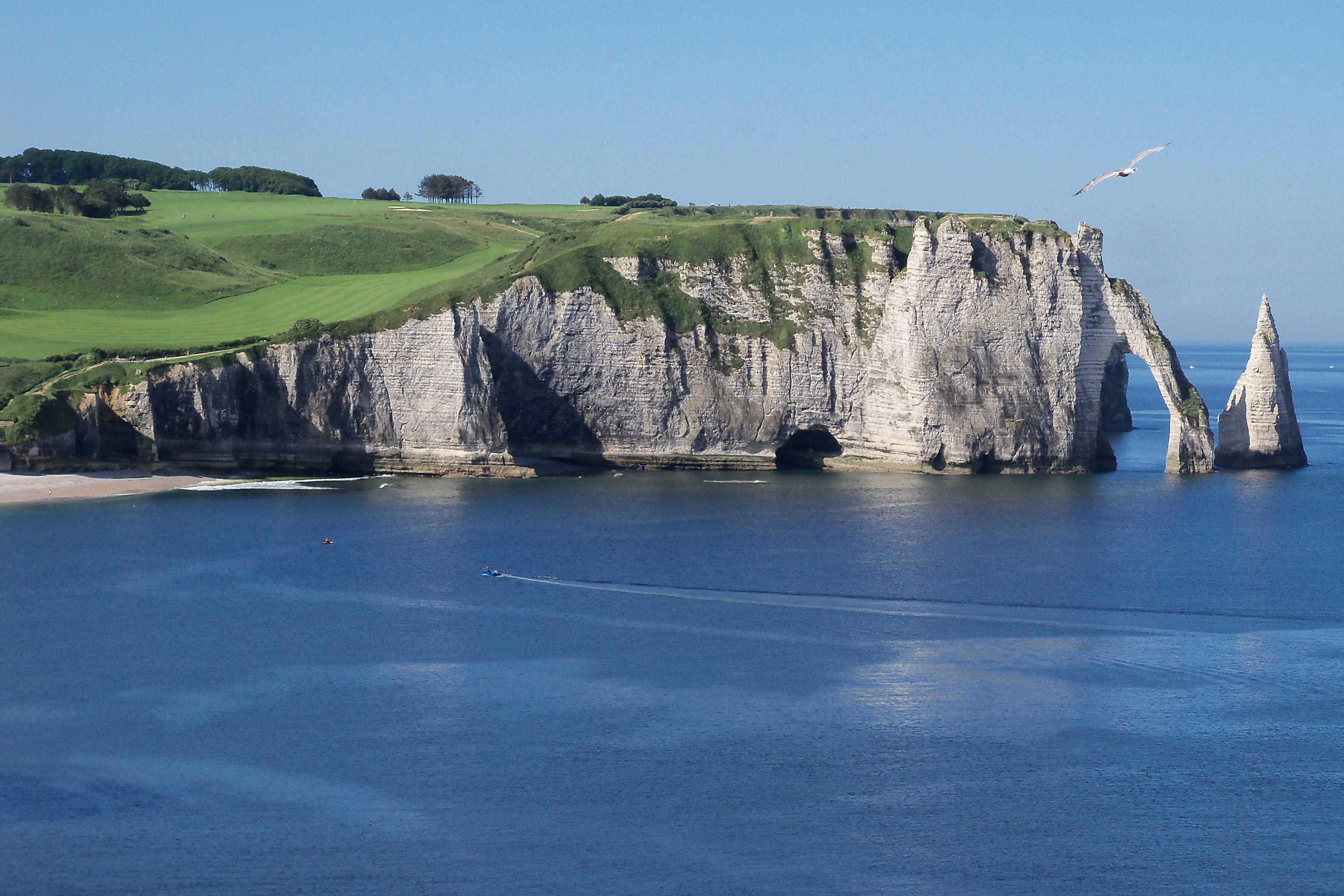 blue, sky, felsentor, mountain, flying, clear sky, sea, etretat, north sea, landscape, land, non-urban scene, beauty in nature, rock, 2K, tranquility, HD Wallpaper