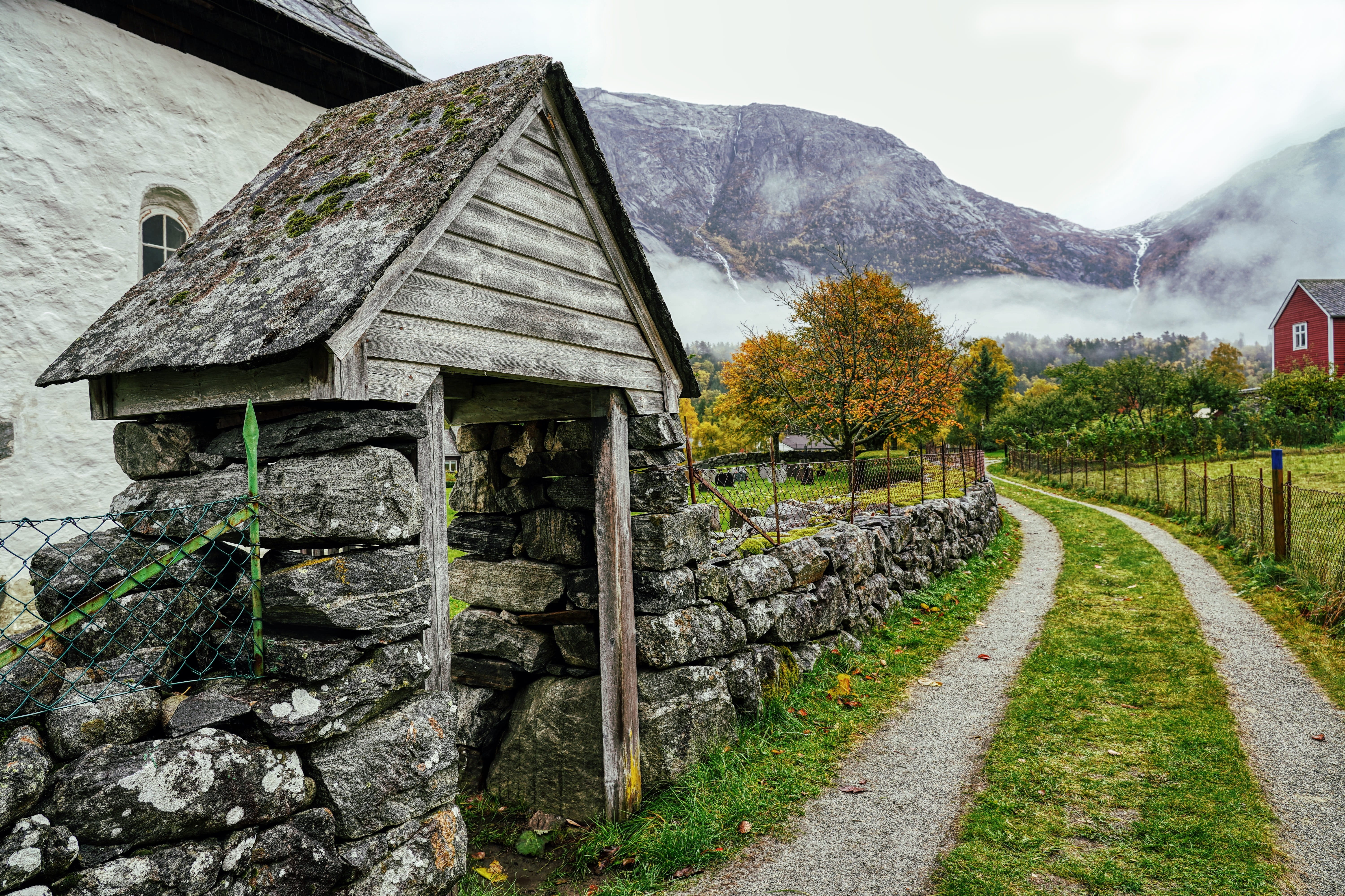 building exterior, stone gate, field, norway, mountains, away, tranquil scene, beauty in nature, tree, rustic, scenics - nature, day, nature, no people, HD Wallpaper
