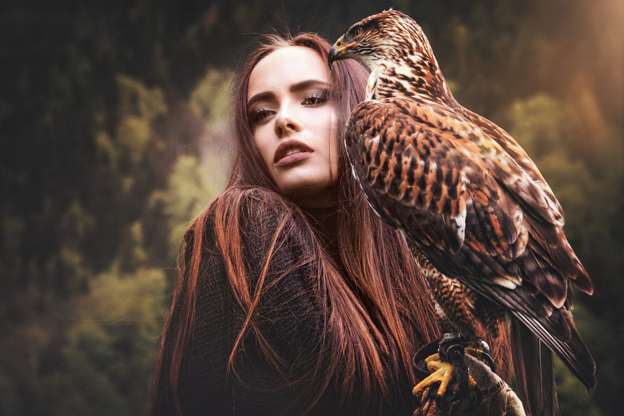 look, predatory, the dark background, brown hair, bird, long-haired, face, 1080P, portrait, forest, eyelashes, Falcon, girl, eyes, pet, friends, each, HD Wallpaper