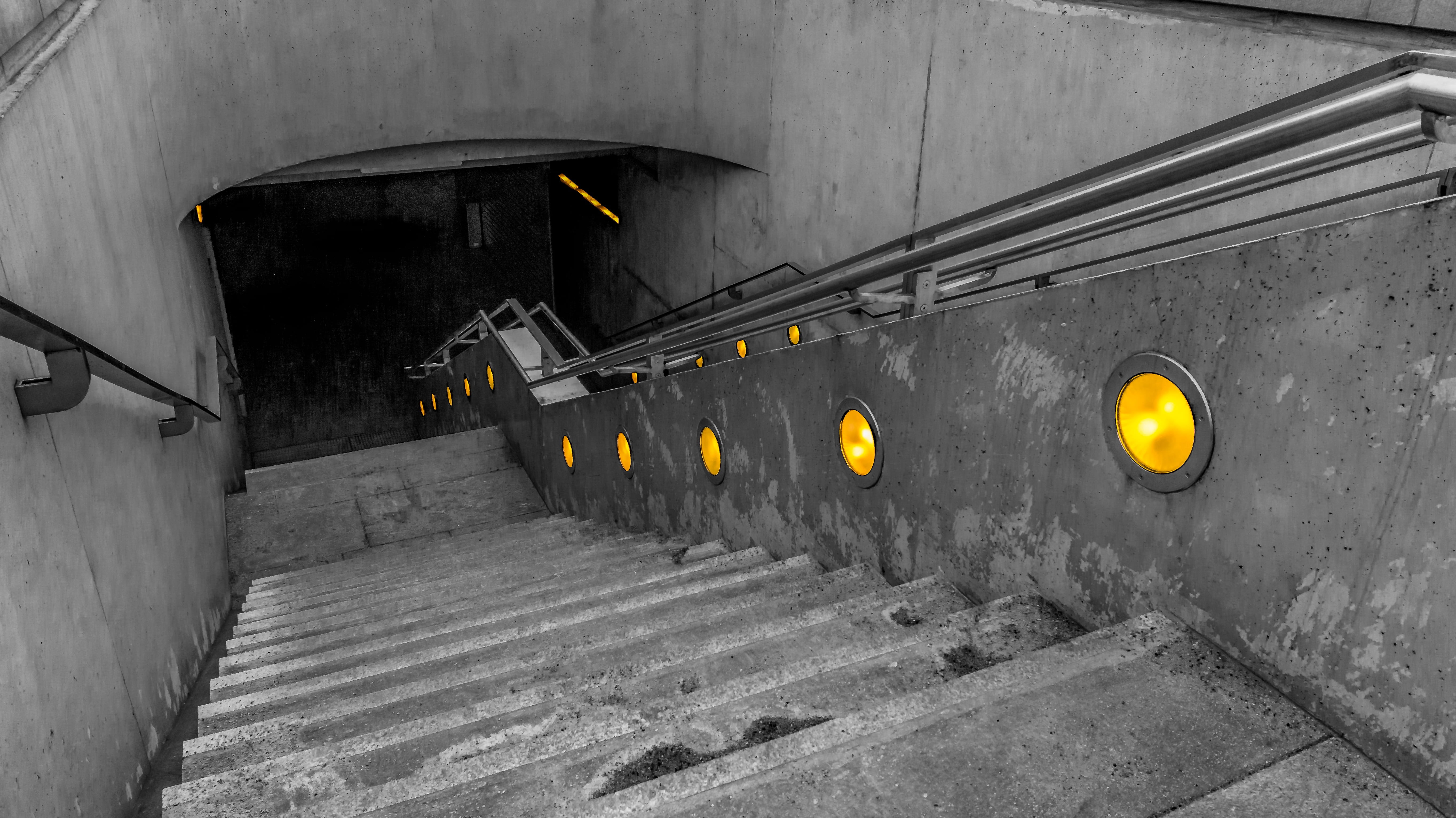 built structure, wall - building feature, the way forward, no people, building exterior, tunnel, stairs, day, city, lighting equipment, staircase, yellow, HD Wallpaper