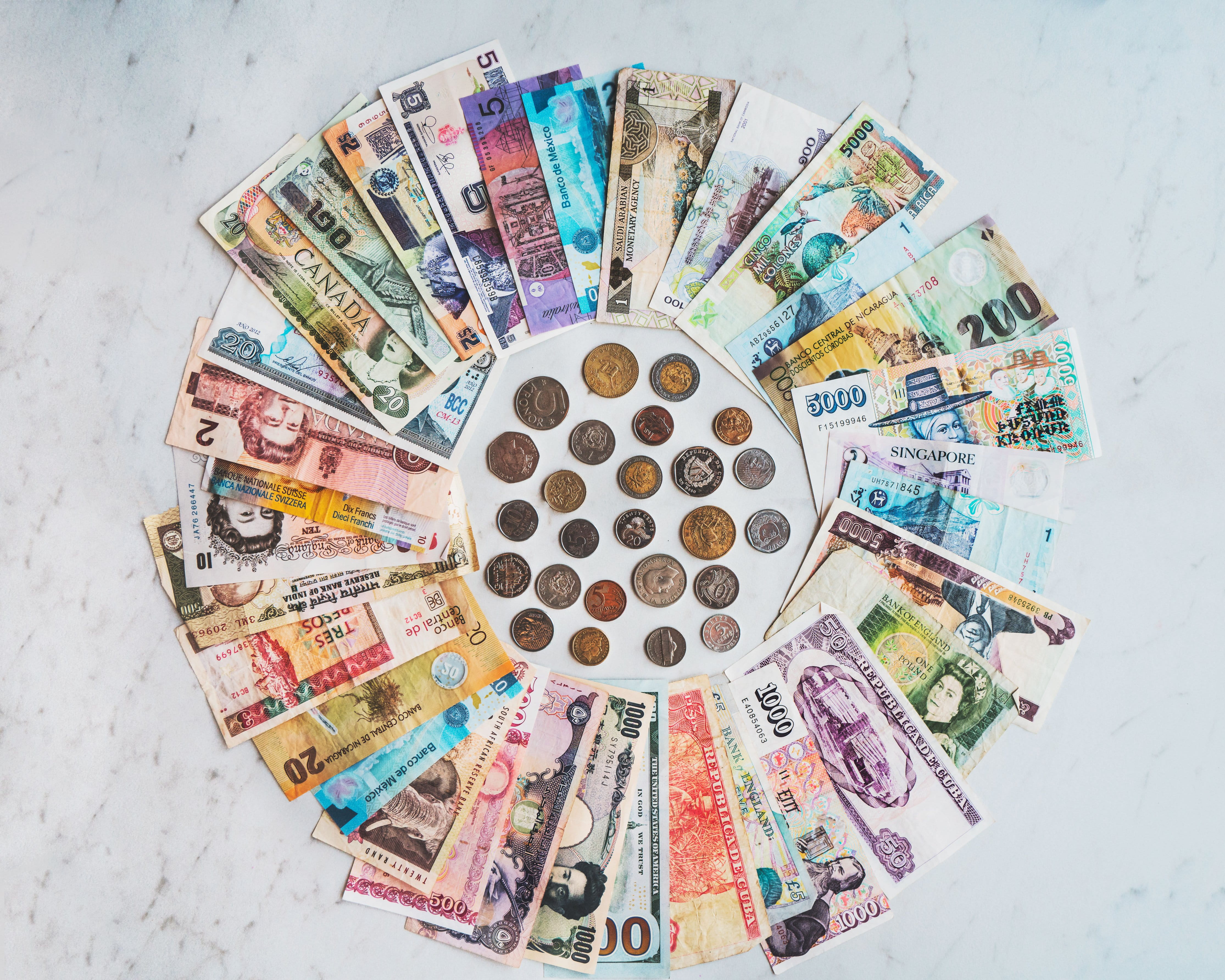 finance, circle, currency, Business, Bank, Professional, international, 4K, multi colored, Cash, variation, wealth, high angle view, still life, photo, HD Wallpaper