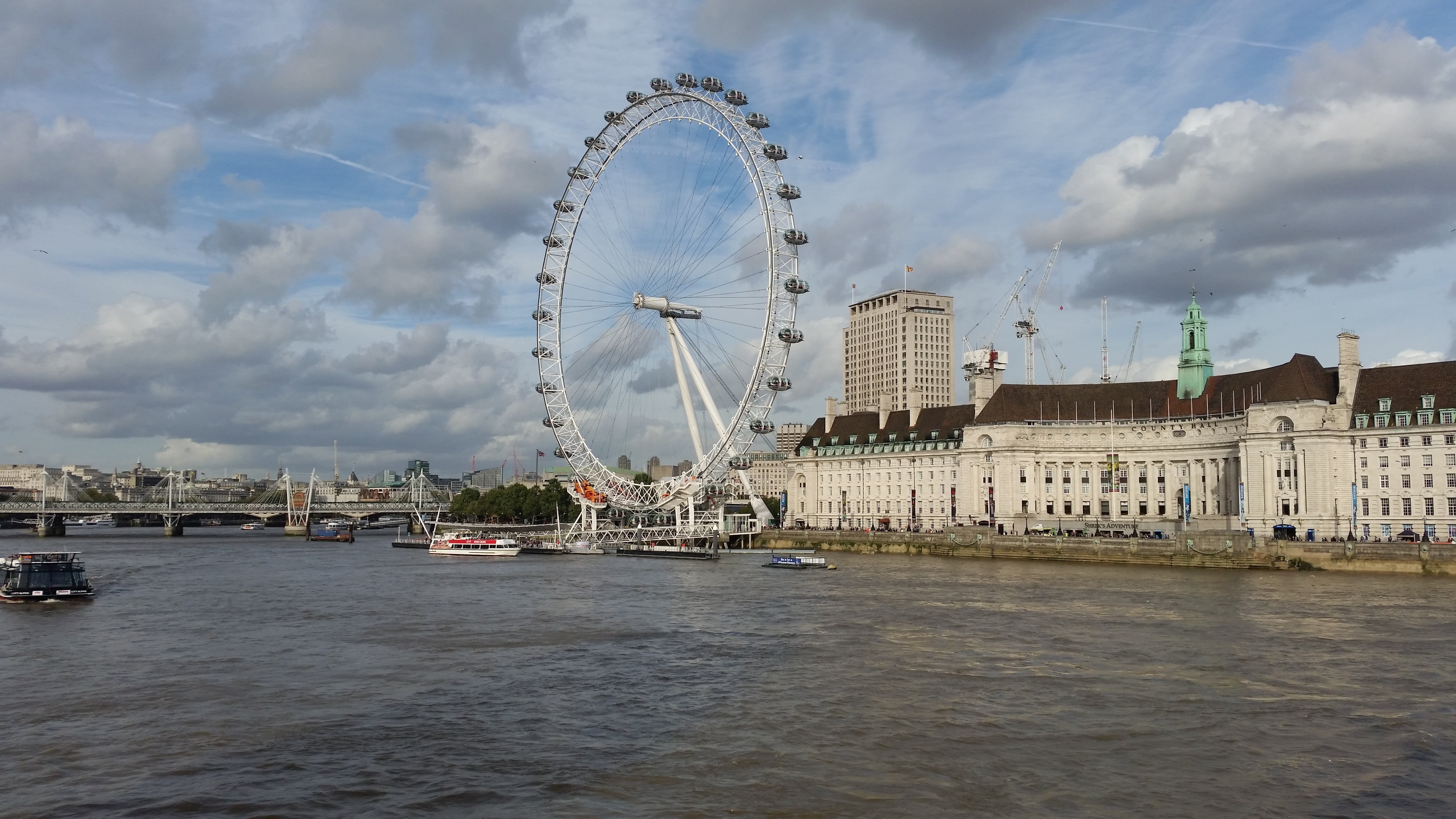ferris wheel, places of interest, no people, passenger craft, london eye, clouds, england, bridge - man made structure, river, nautical vessel, amusement park, HD Wallpaper