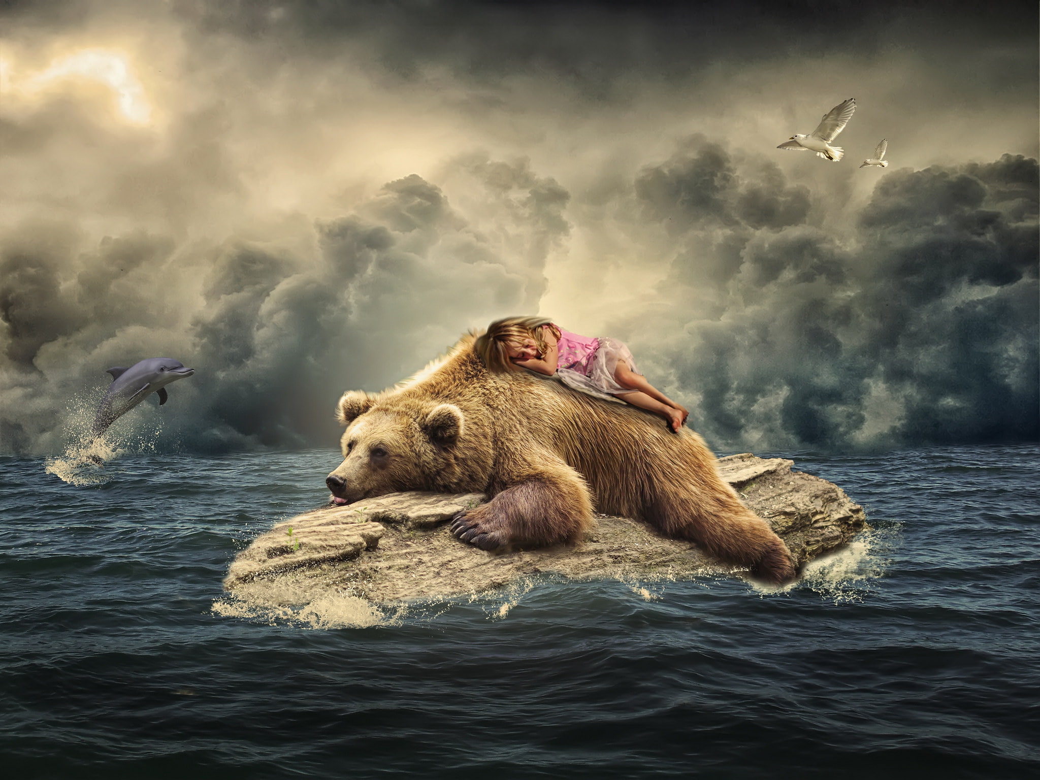 Dolphin, 1080P, Rock, Bear, Cloud, Manipulation, Ocean, Little Girl, Photography, Artistic, HD Wallpaper