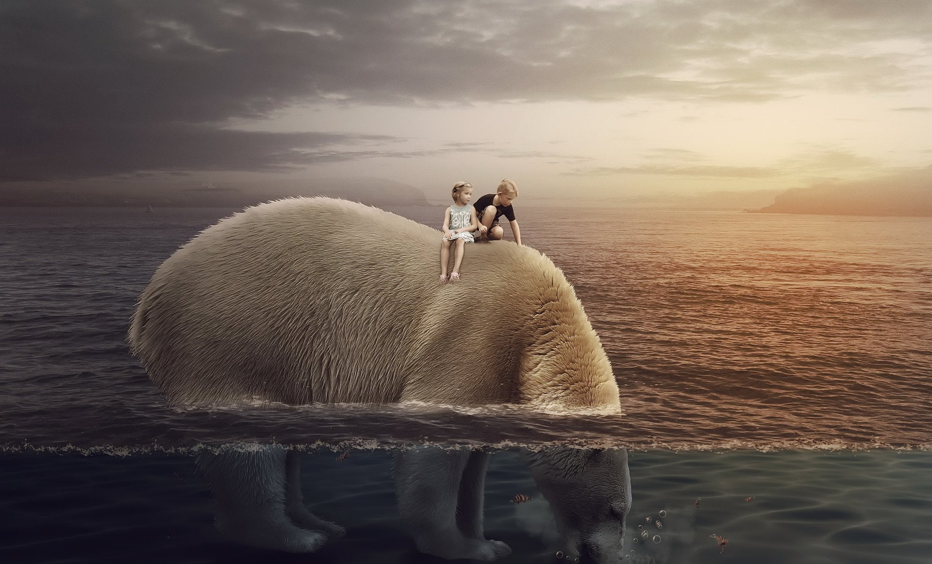 Ocean, Little Boy, Child, Polar Bear, Giant, 1080P, Little Girl, Fantasy, HD Wallpaper