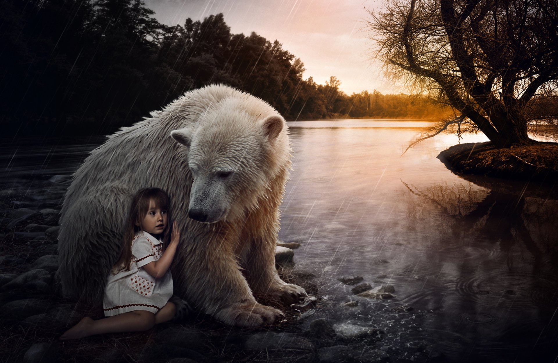 Artistic, 1080P, Manipulation, Child, Fantasy, Little Girl, Polar Bear, HD Wallpaper