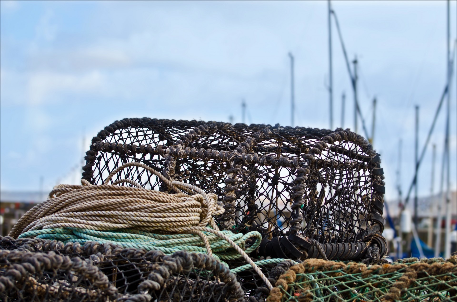 old, marine, trap, basket, net, day, focus on foreground, industry, pots, outdoors, background, bait, 1080P, yellow, harbor, shore, fishing net, vintage, HD Wallpaper