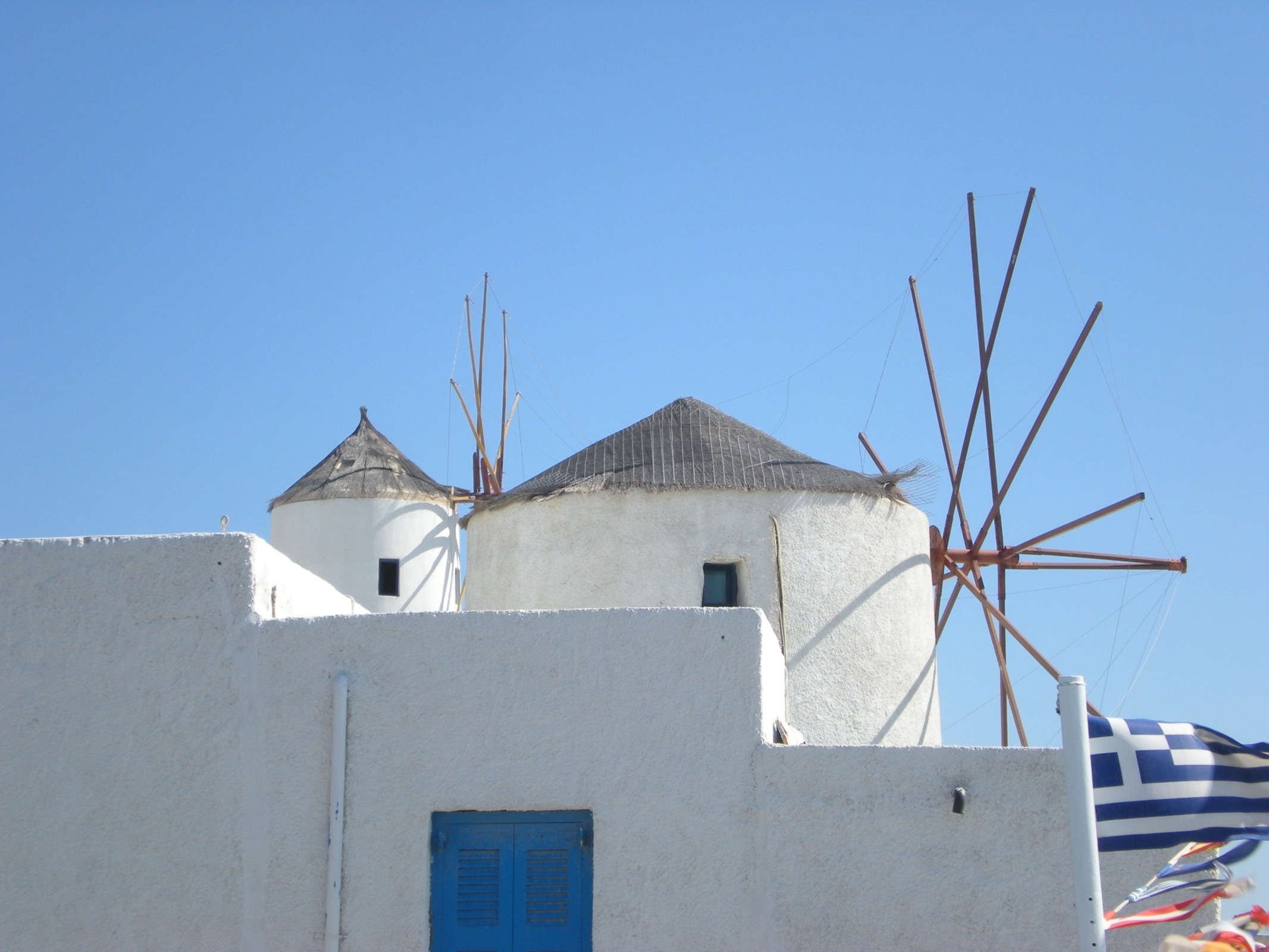 no people, marine, roof, place of worship, nature, 1080P, built structure, blue, clear sky, sunlight, greece, house, building, santorini, windmill, greek island, HD Wallpaper