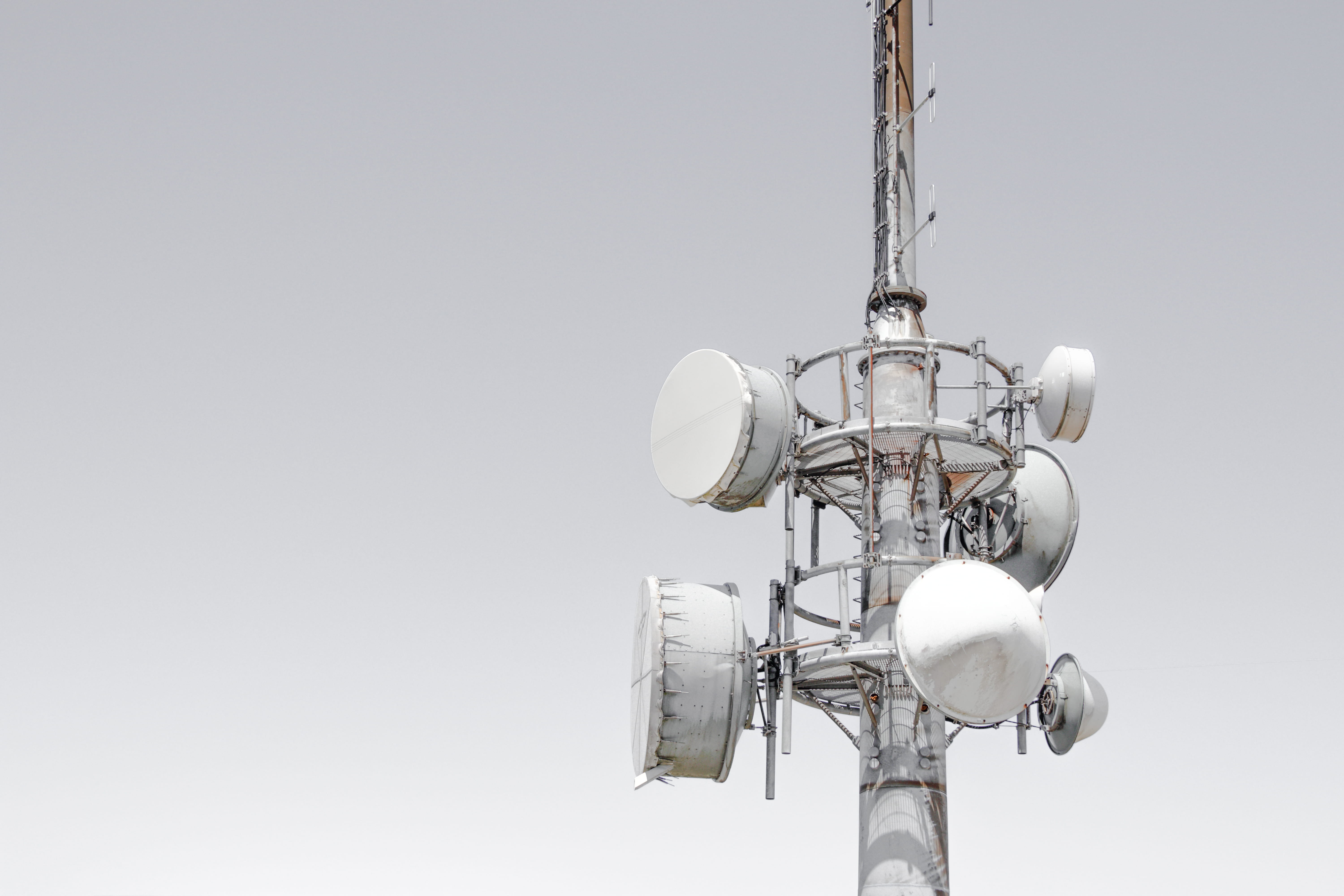 low angle view, satellite, sky, metal, copy space, communication, satellite dish, tower, 5K, white, built structure, accessories, connection, no people, HD Wallpaper