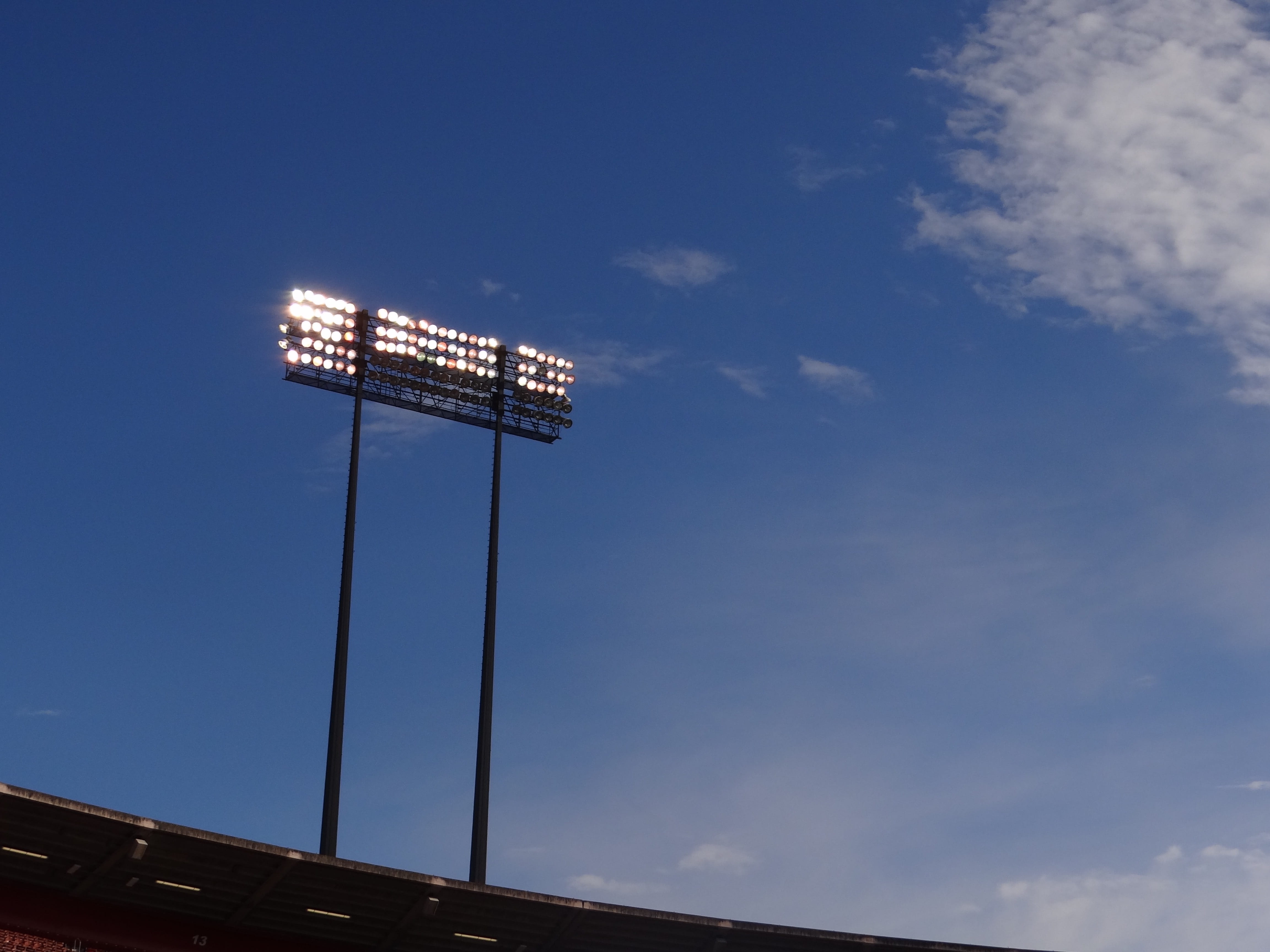 built structure, lighting equipment, global communications, low angle view, Lights, no people, Sky, Stadium, day, connection, outdoors, floodlight, cloud - sky, HD Wallpaper