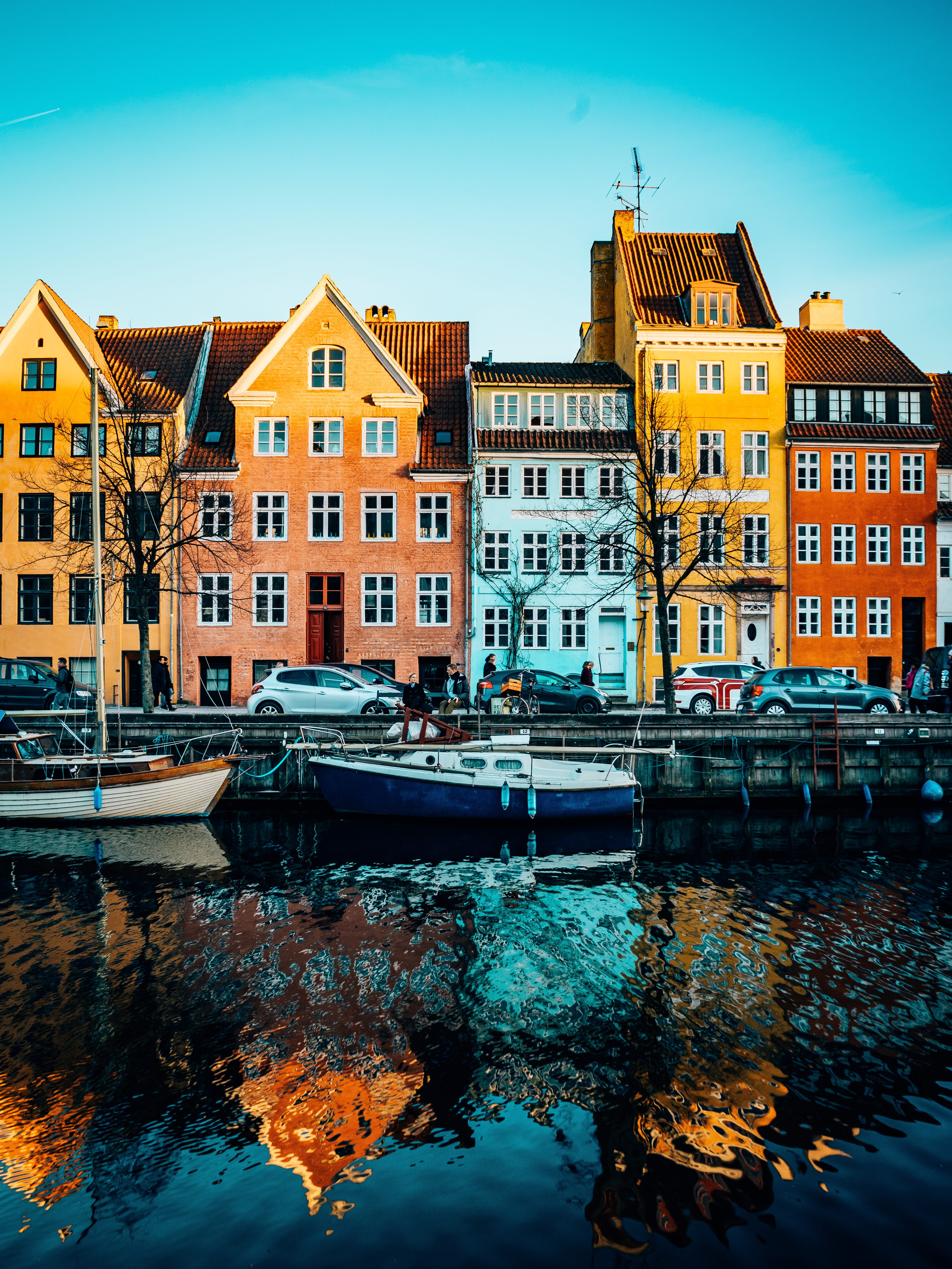 houses, city, travel, outdoors, architecture, europe, built structure, boats, sailboat, waterfront, water, row house, copenhagen, colourful, day, nautical vessel, Phone HD Wallpaper
