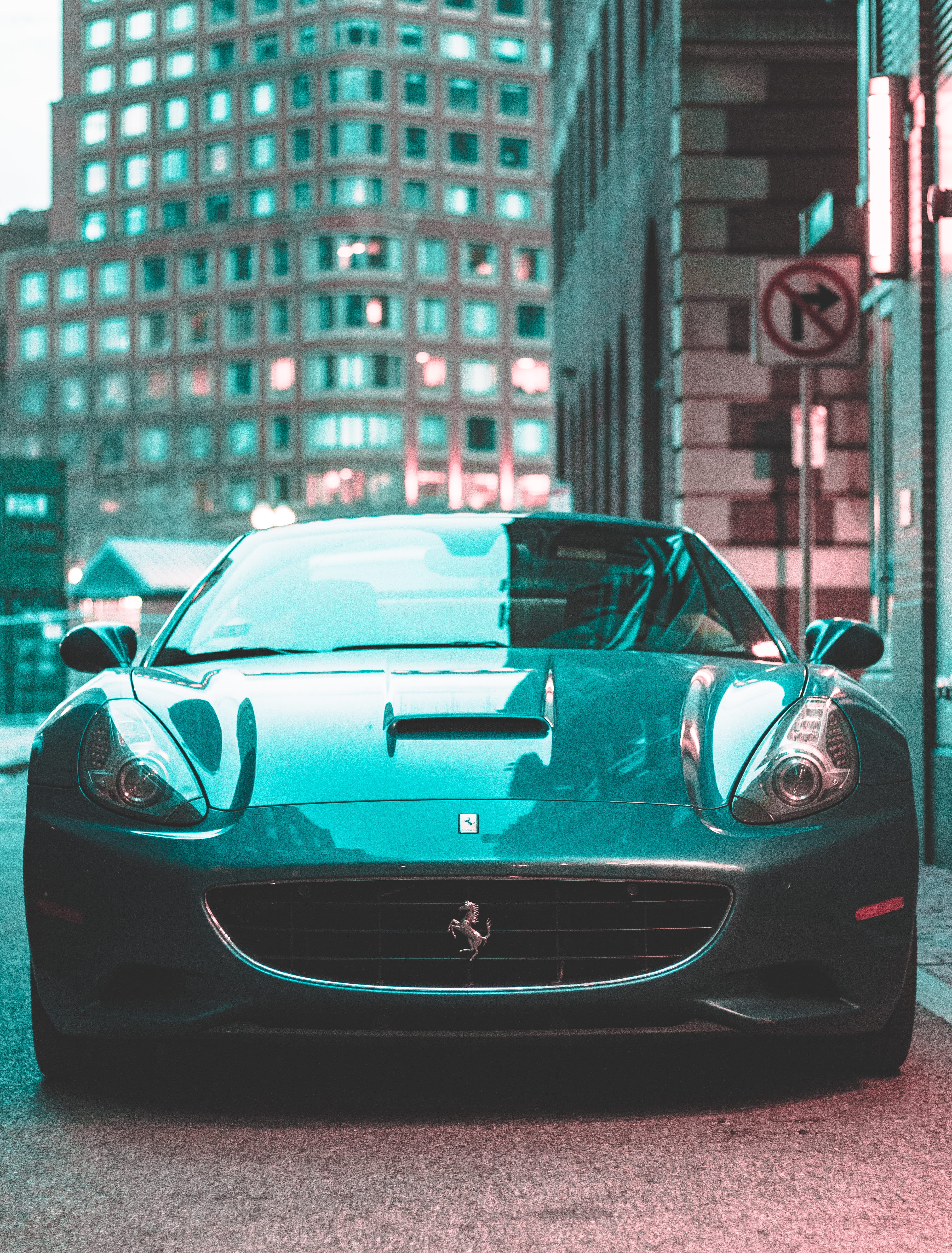 land vehicle, city, no people, night, building exterior, building, parked, red, 5K, mode of transportation, vintage car, united states, built structure, Phone HD Wallpaper