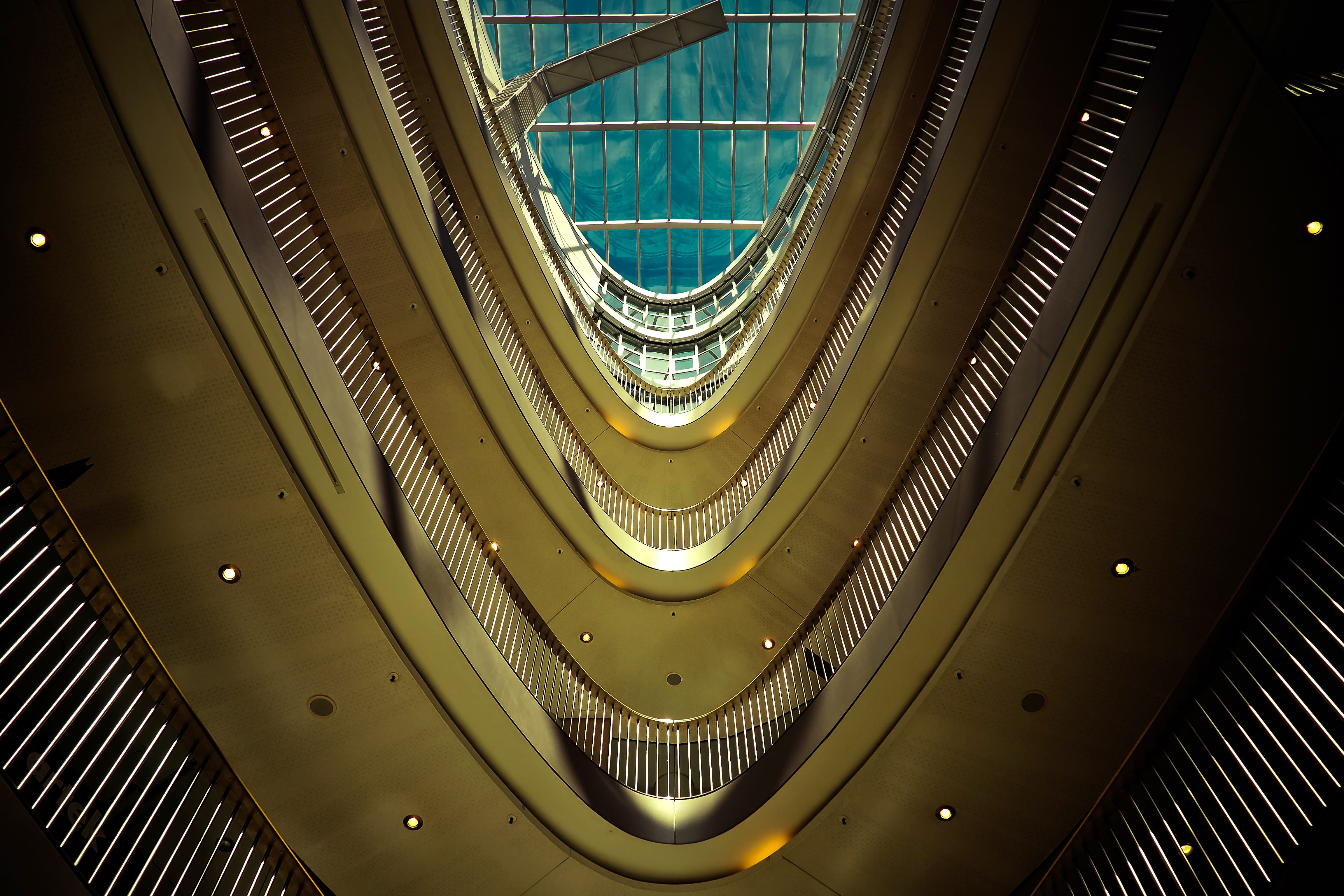 office building, light fixture, staircase, building, shopping, about, metal, 4K, bluish, roof, high, pattern, skyscraper, architecture, blue, lighting equipment, HD Wallpaper