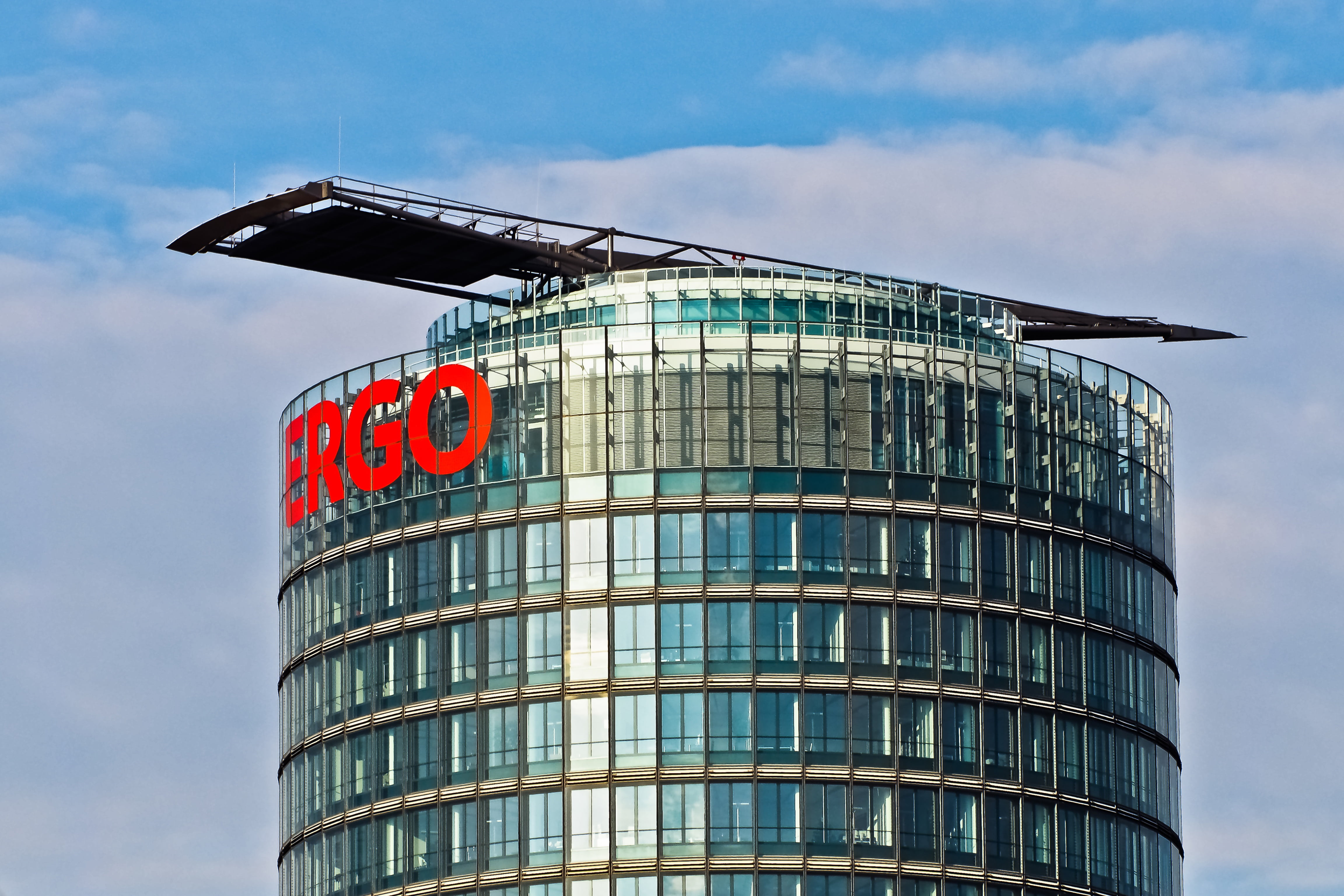 düsseldorf, office, building, modern, low, view, skyscraper, nature, clouds, insurance, no people, blue, tower, cylinder, urban, sign, city, high, glass facade, HD Wallpaper
