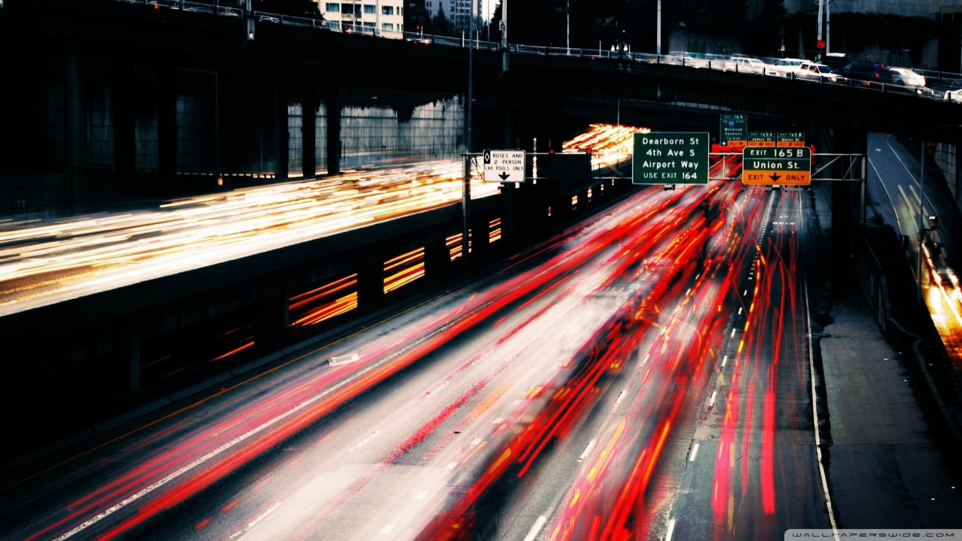 1080P, city, exposure, lights, signs, car, 3d and abstract, long, highway, HD Wallpaper
